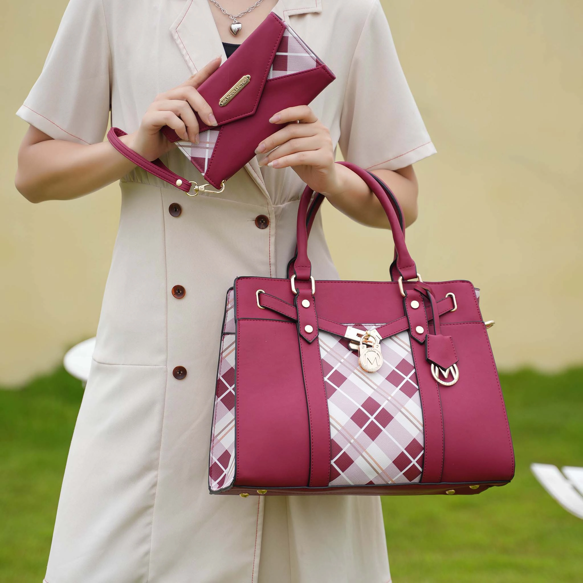 MKF Collection Christine Plaid Vegan Leather Satchel with Wristlet Wallet, Burgundy Red