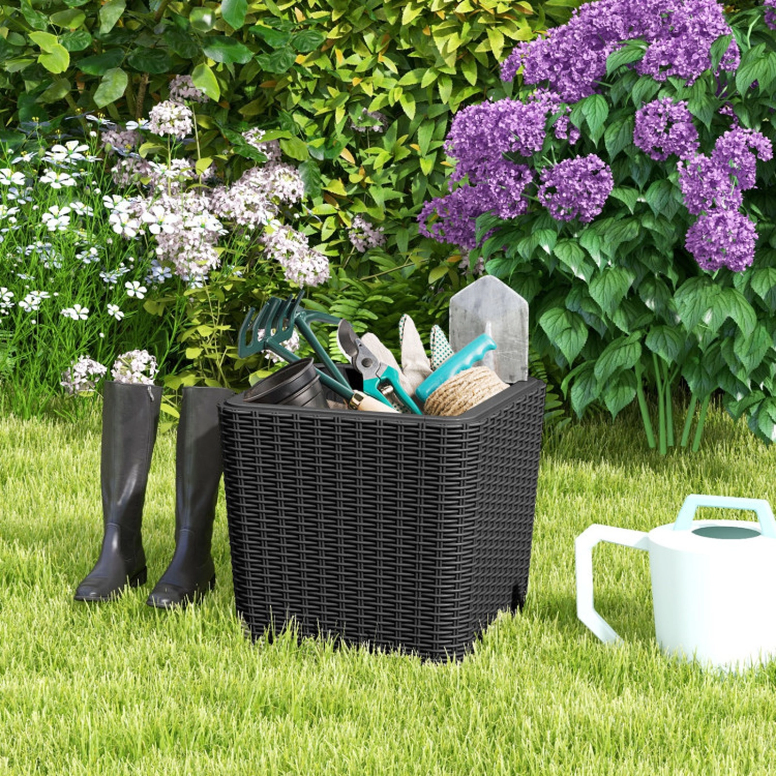 SUGIFT 15-in 330-lb Capacity 11.5-gal Outdoor Polyresin Wicker-Woven Storage Side Table with Removable Lid