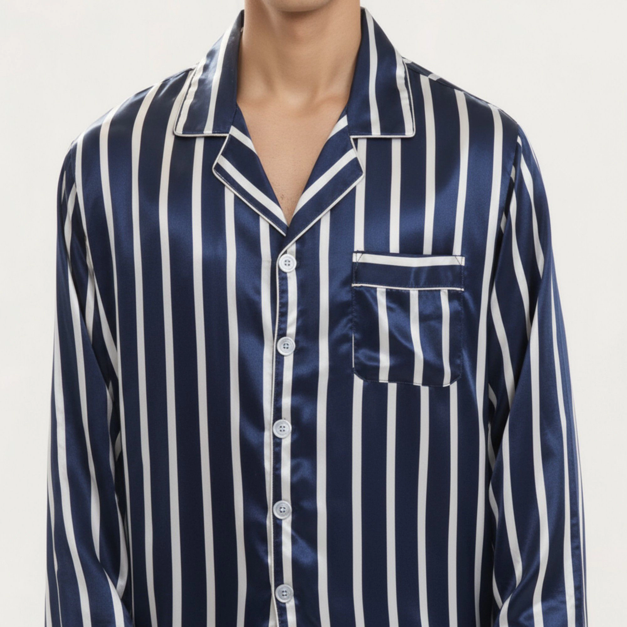 Anna-Kaci Men's 2-Piece Satin Pajamas with Vertical Stripe Pattern and Button Up Top