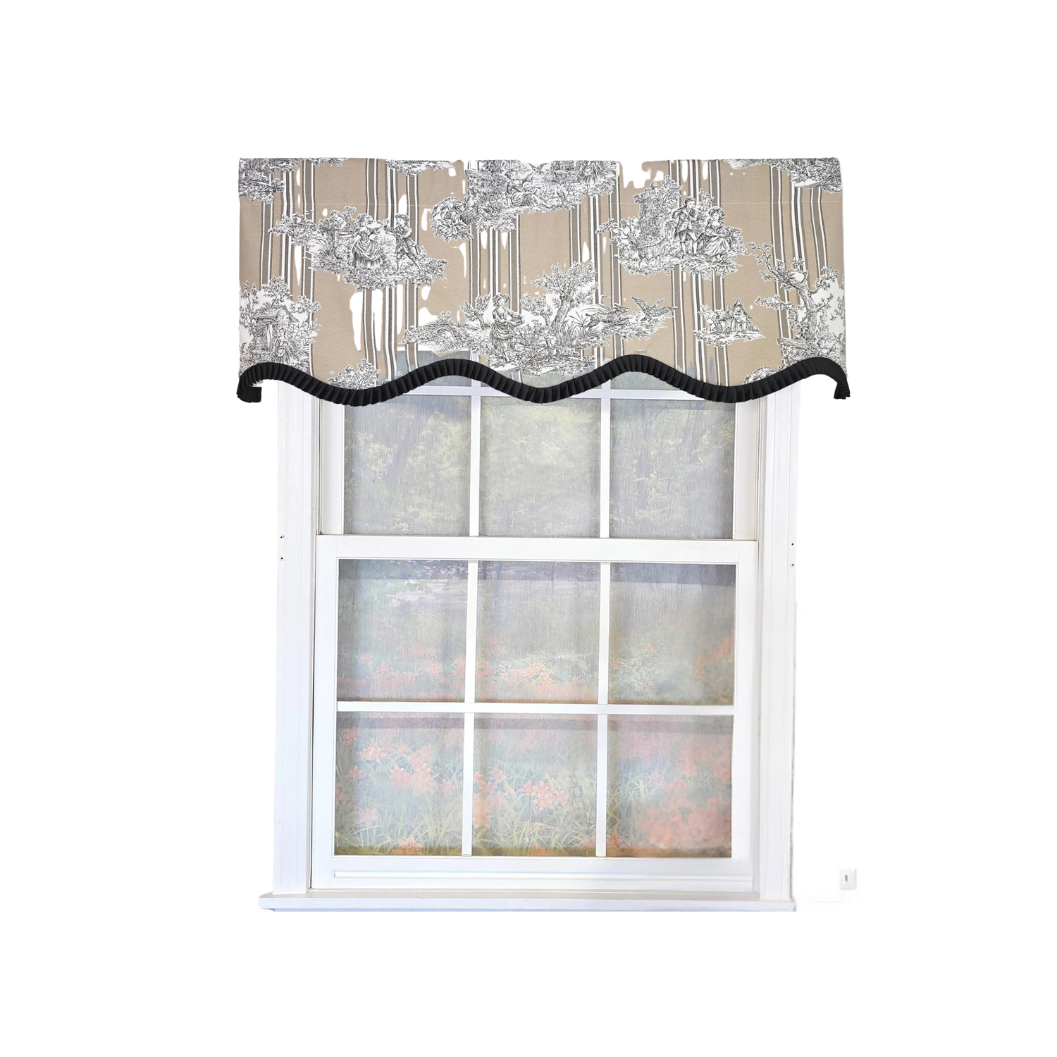RLF Home Caceres Stripe Trimmed Cornice Window Valance 100% Cotton Lined Rod Pocket 50" x 17" Beige