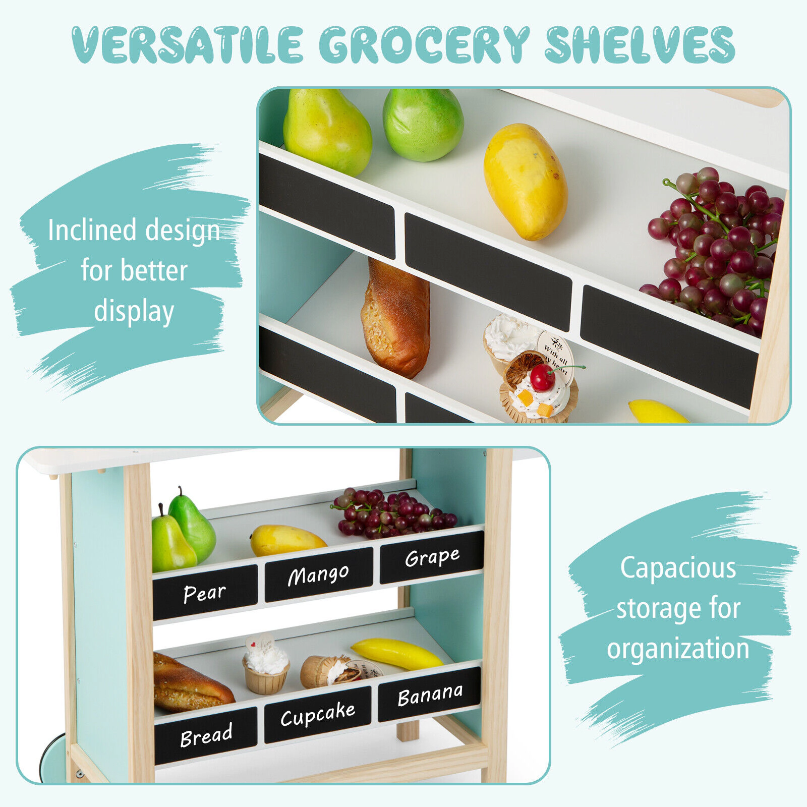 SUGIFT Red Chalkboard and Storage Shelves Kids Wooden Ice Cream Cart