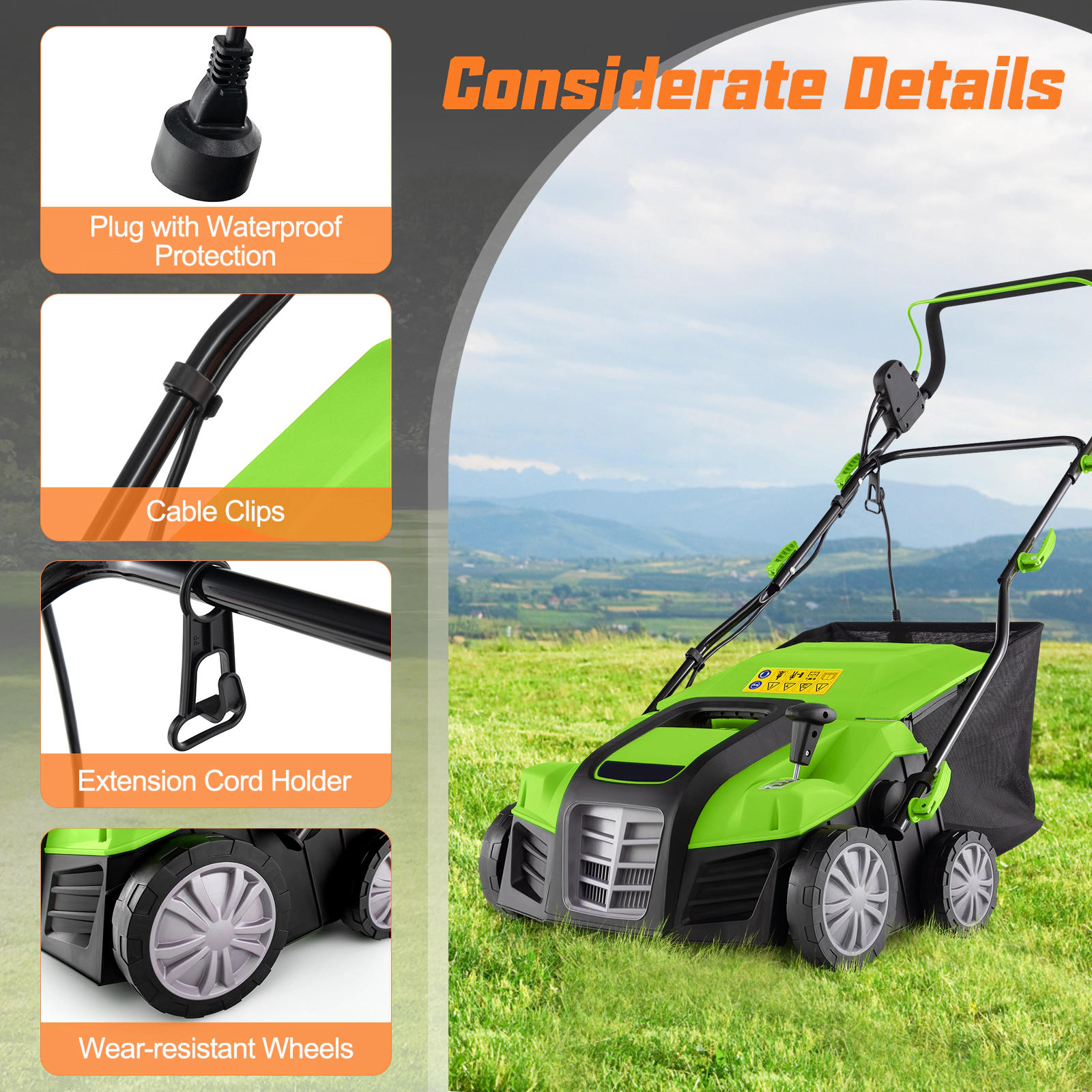 SUGIFT 16 Electric Lawn Dethatcher 15 Amp Scarifier with 14.5 Gallon Bag