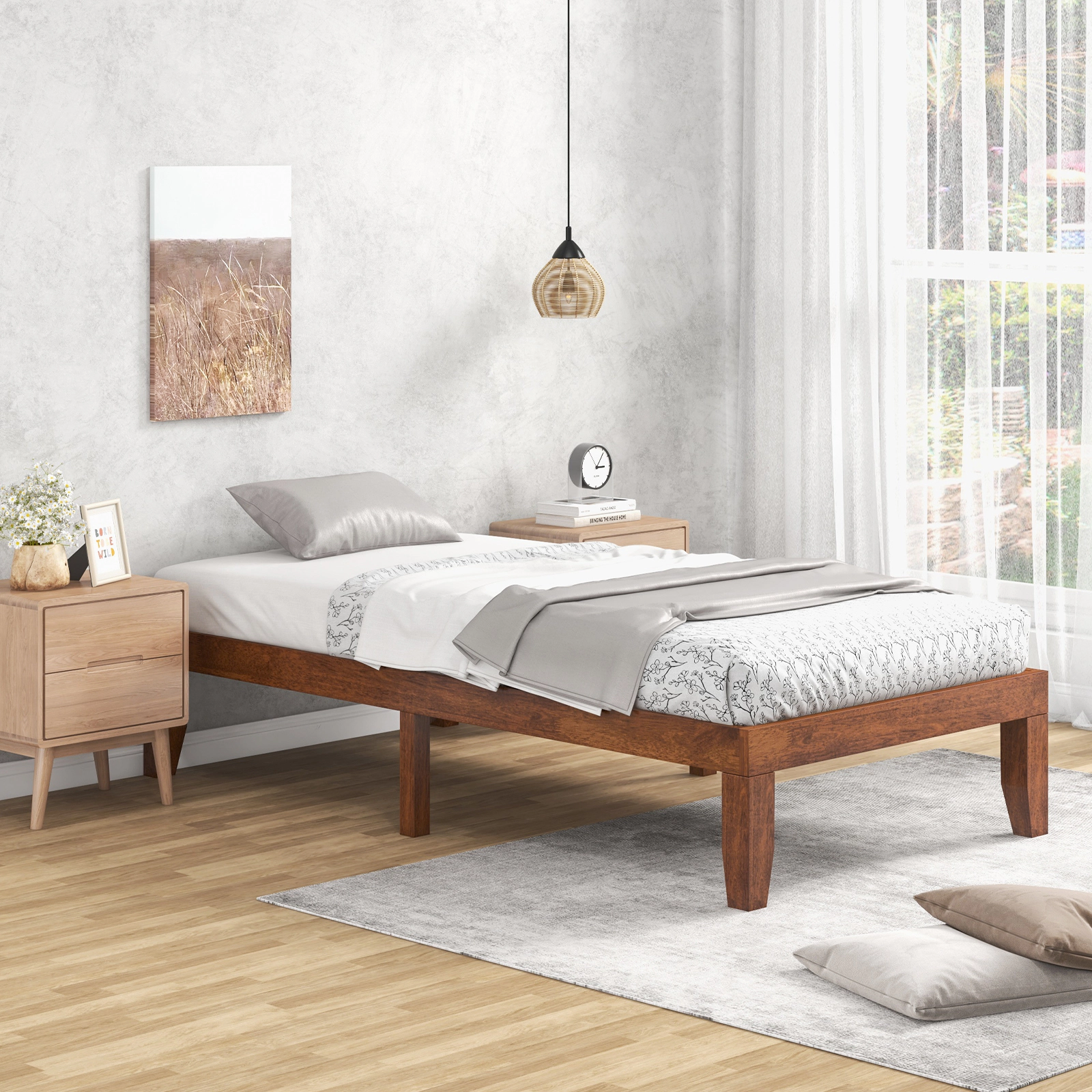 SUGIFT 14-In Twin Rubber Wood Platform Bed Frame Slat Support 250-Lb Capacity 10.5-In Under-Bed Storage Walnut Finish