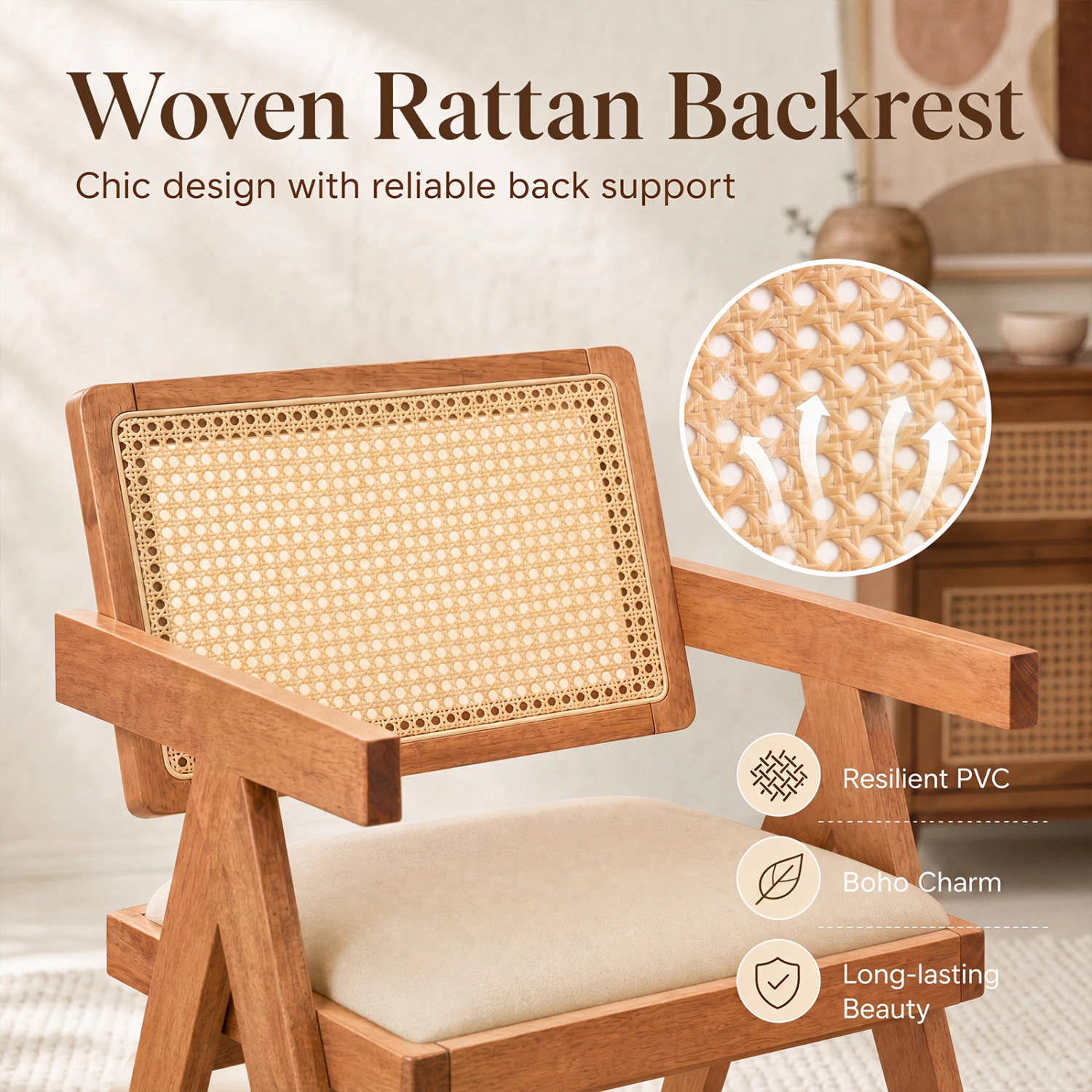 LJG Set of 2 Rattan Accent Chairs with Padded Cushion and Rubber Wood Frame