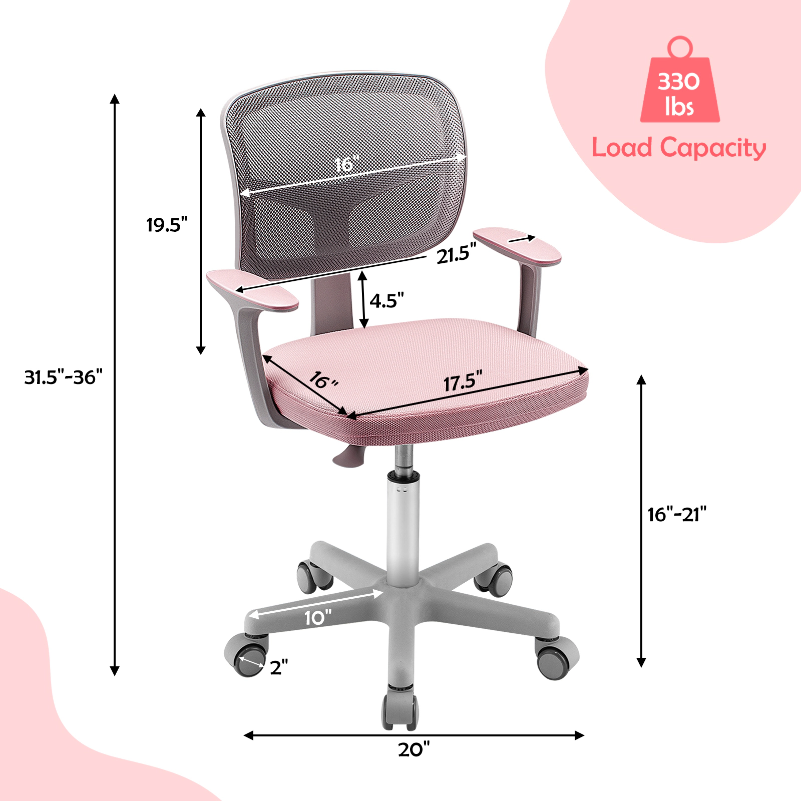 SUGIFT Ergonomic Adjustable Kids Desk Chair with Armrests 330-Lb Capacity 31.5-36-in Height Pink