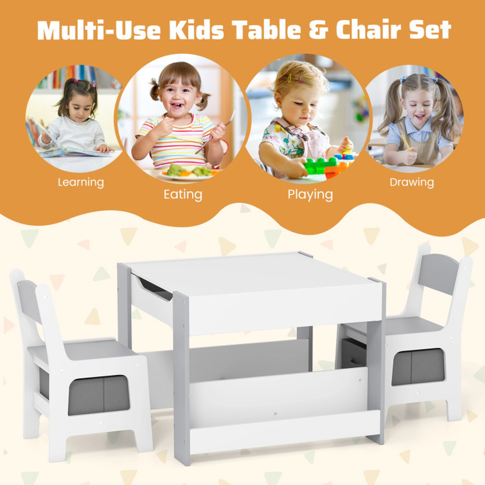SUGIFT 4-in-1 Kids Toddler Table and 2-Chair Set with Reversible Tabletop 24-in Square Desk Ages 3+ White and Gray
