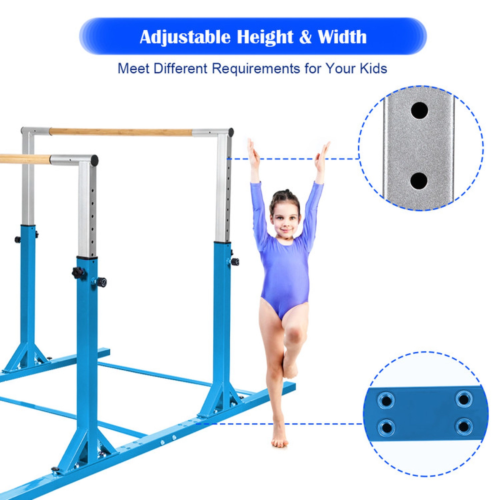 SUGIFT Adjustable Double Horizontal Gymnastic Training Parallel Bars 220-lb Capacity Ages 6-12 Blue Purple Pink