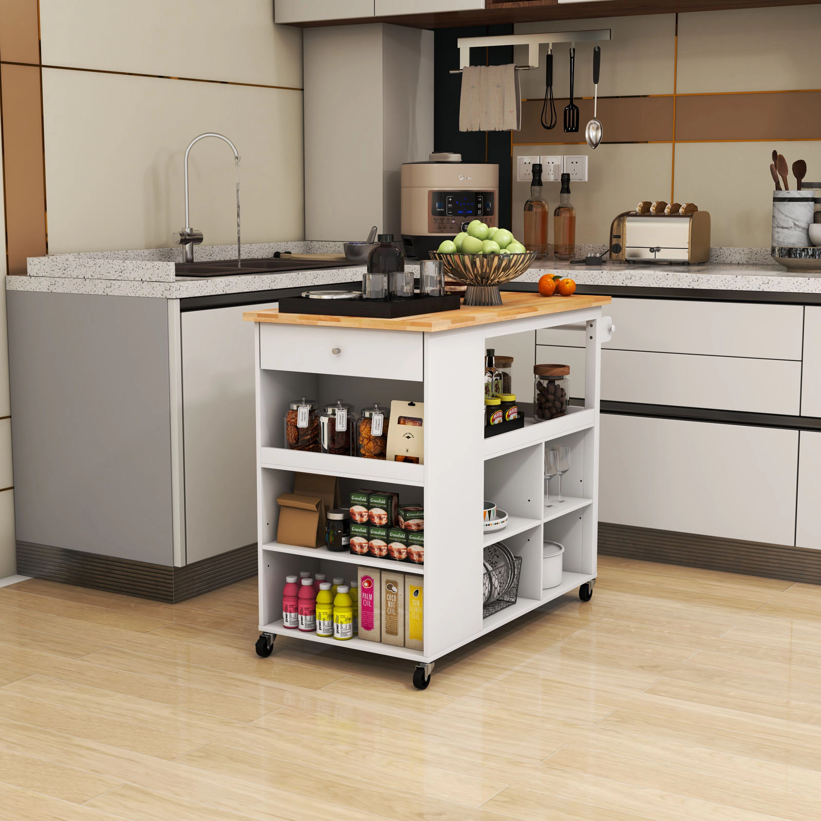 SUGIFT White Kitchen Island Trolley Cart on Wheels with 3-Position Adjustable Shelf and Slide-Out Drawer