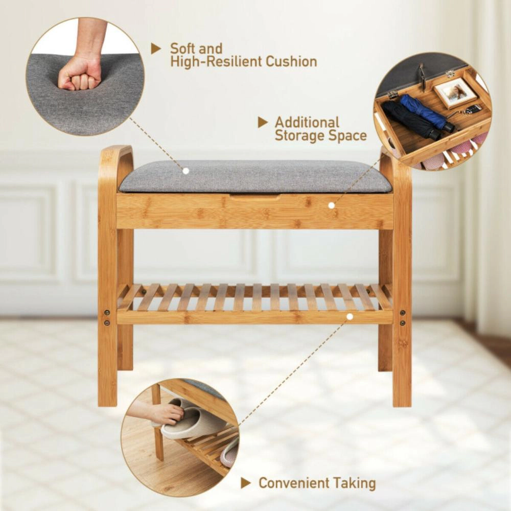 Hivvago Shoe Rack Bench Bamboo With Storage Shelf-Natural