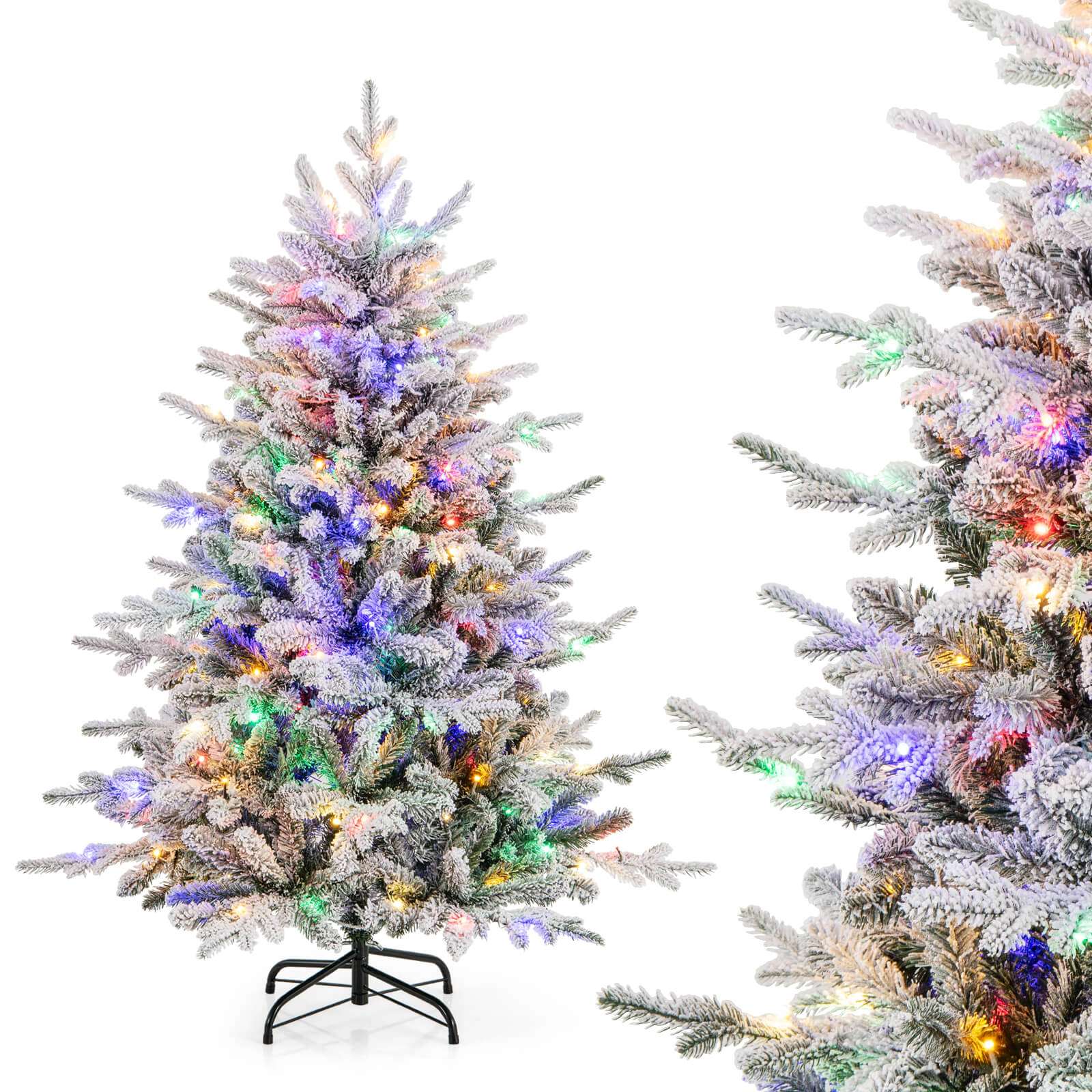 Costway 4.5/6/7 FT Flocked Christmas Tree with 8 Lighting Modes 160 Multi-Color LED Lights