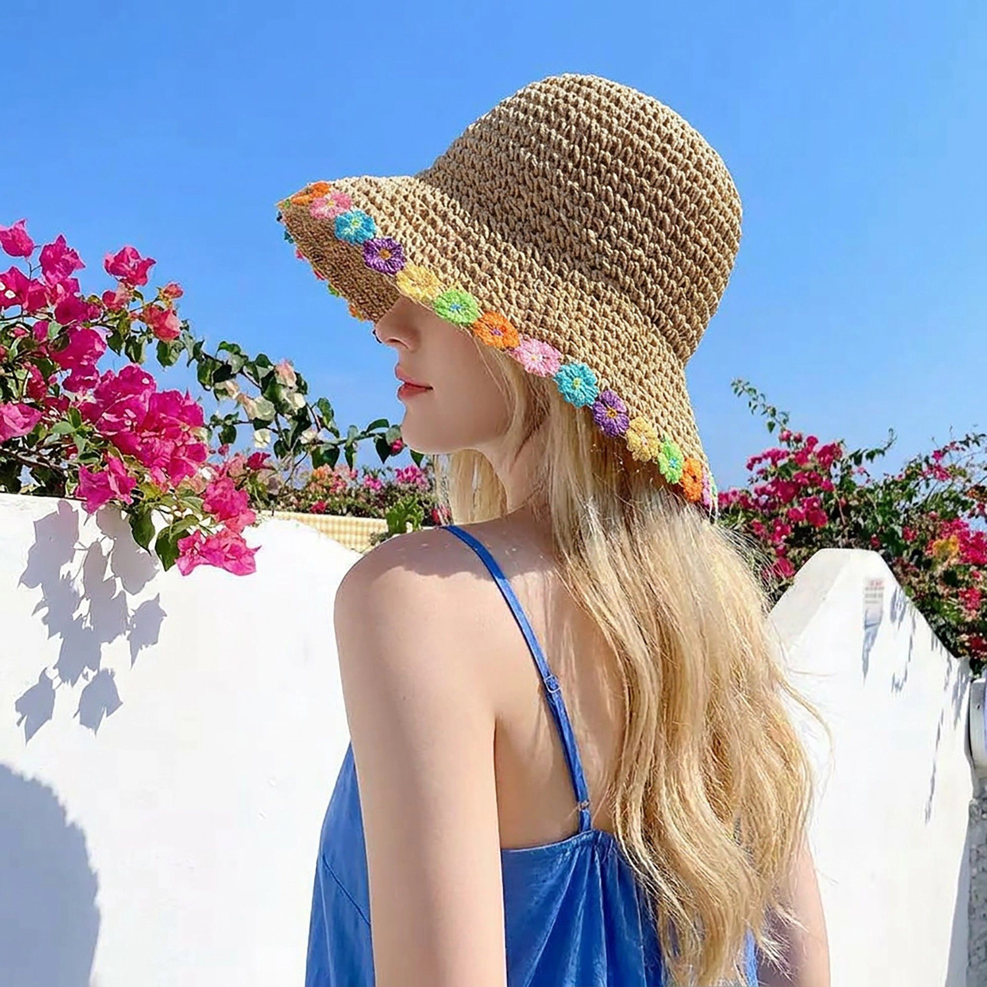 Anna-Kaci Women's Crochet Bucket Sun Hat with Floral Applique Trim and Soft Brim Design
