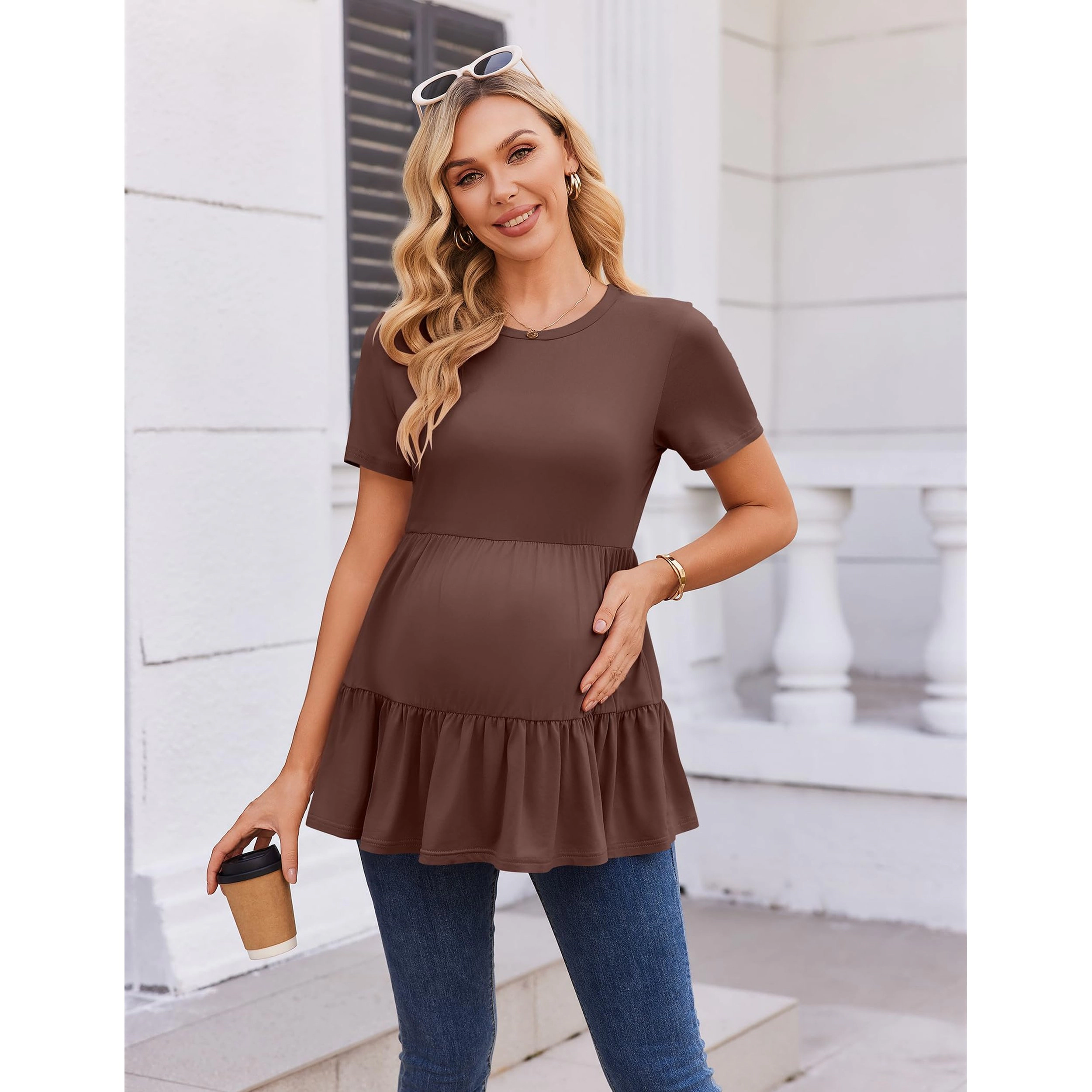 Ekouaer Women's Maternity Crew Neck Short Sleeve Ruffle Hem Tunic Top