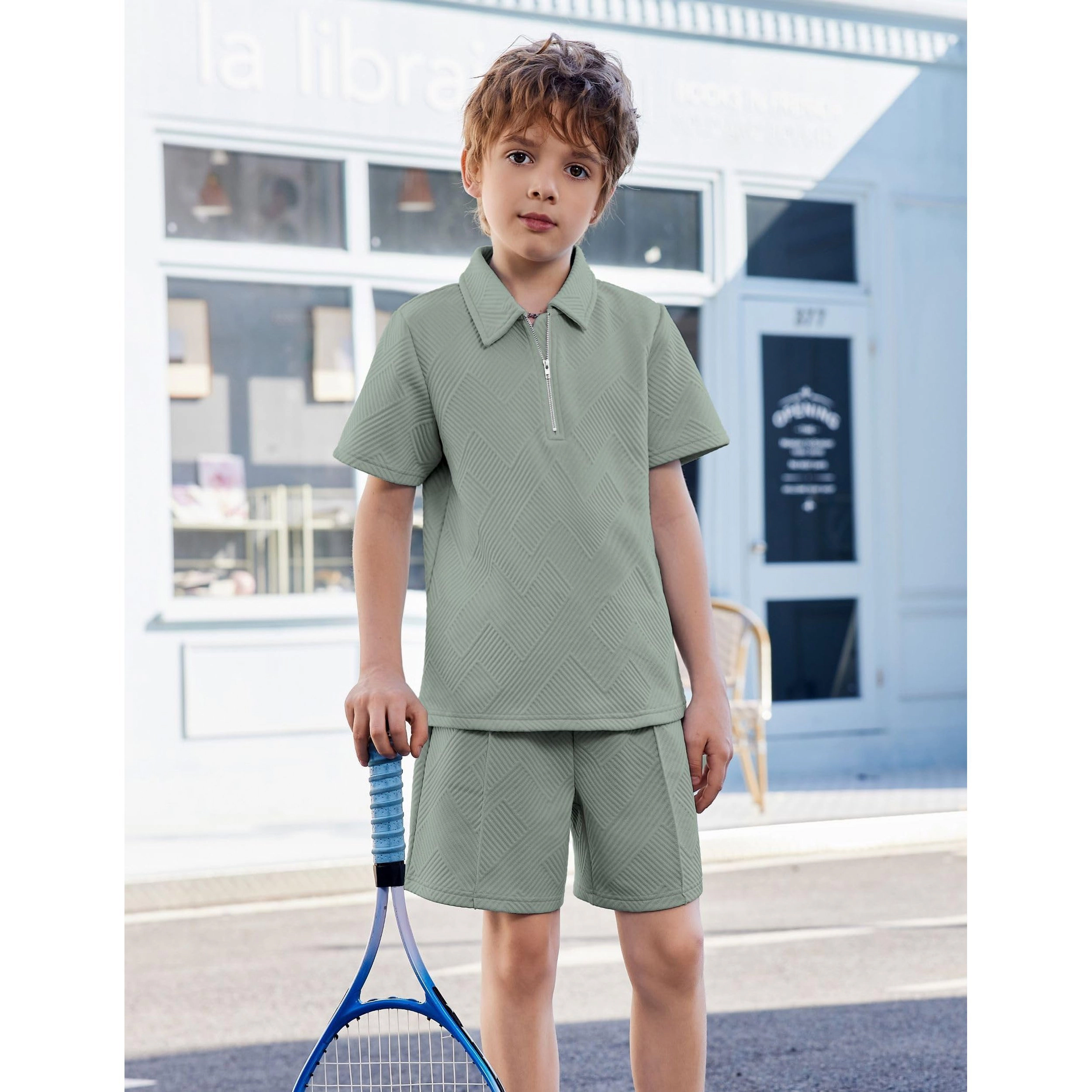 Arshiner Boys Outfits Short Sleeve Zip Polo Shirt Drawstring Shorts Set Kids Summer Track