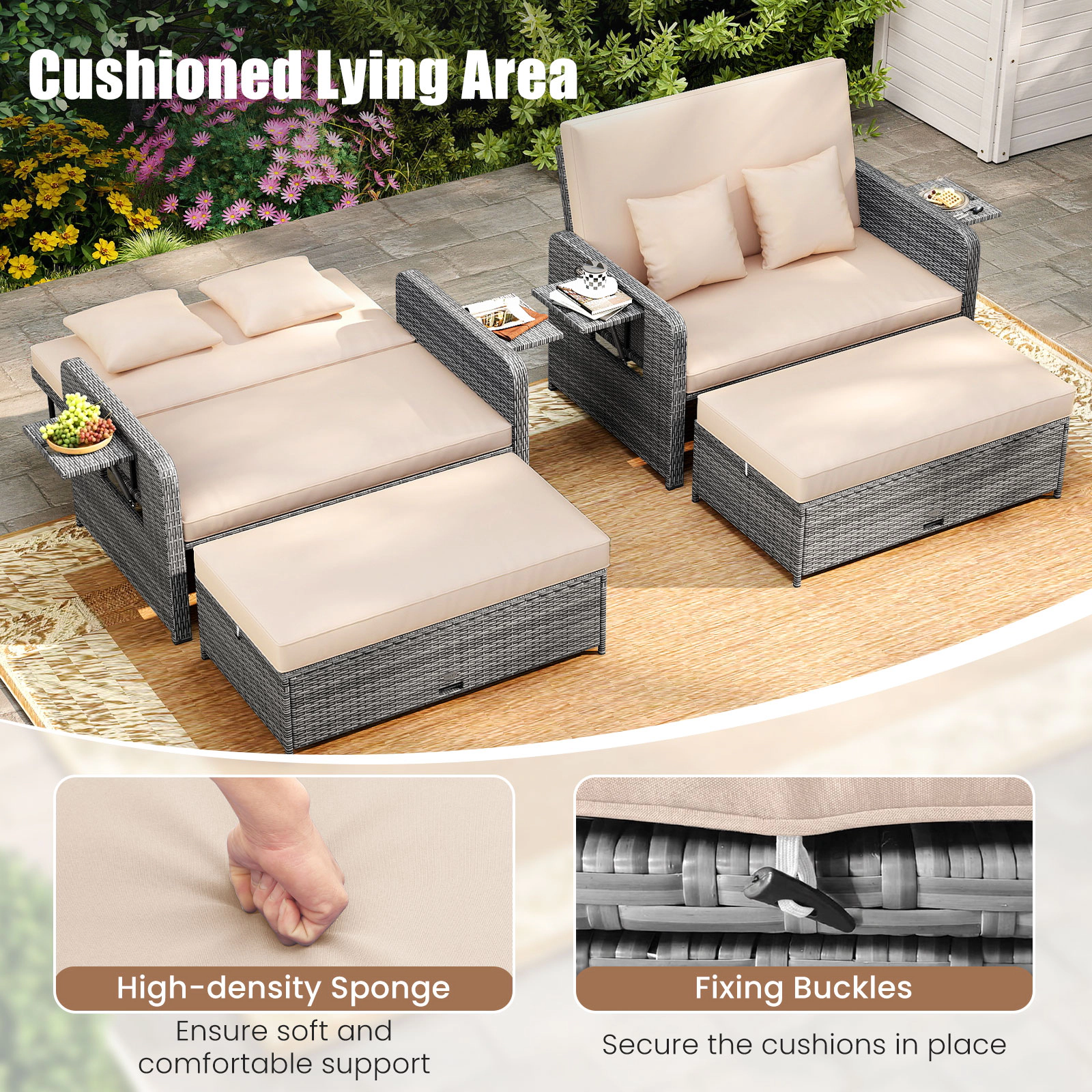 SUGIFT Beige Wicker Patio Loveseat Daybed with Adjustable Backrest, Ottoman and Trays