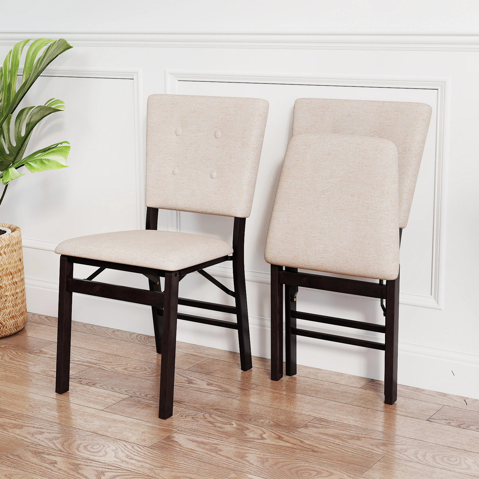 SUGIFT Beige Foldable Armless Padded Seat and Tilt Backrest Set of 2 Dining Chairs