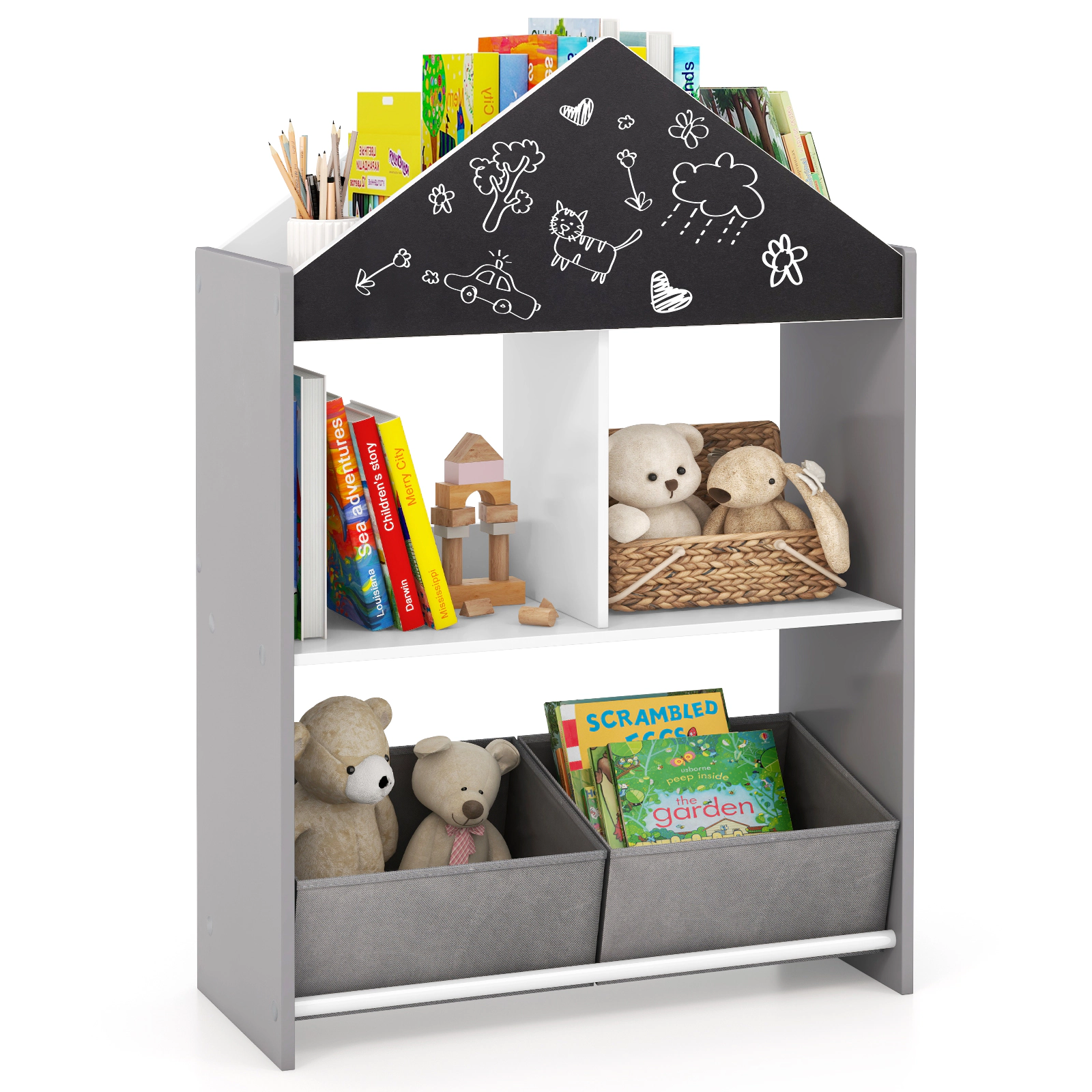 SUGIFT 35.5-in Playhouse Kids Bookshelf and Toy Storage Organizer with Chalkboard Whiteboard and Anti-Tipping Device