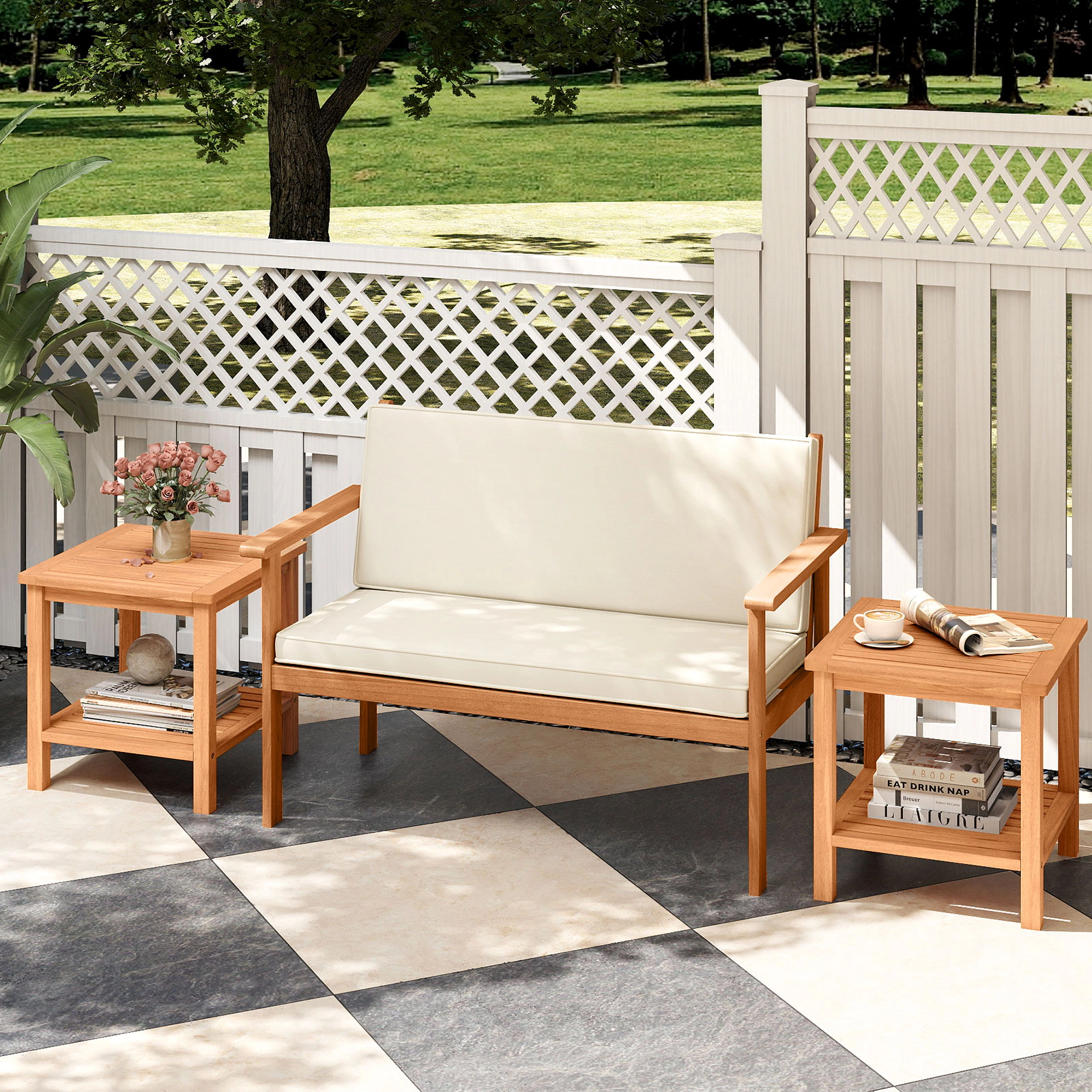 Glintex 2-Piece Acacia Wood Patio Side Table Set with Slatted Top and Shelf, Natural