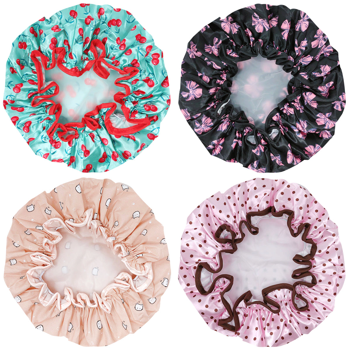 Wrapables Women's Stylish Double Layer Waterproof Shower Caps (Set of 4), Dots, Cherries & Kitties
