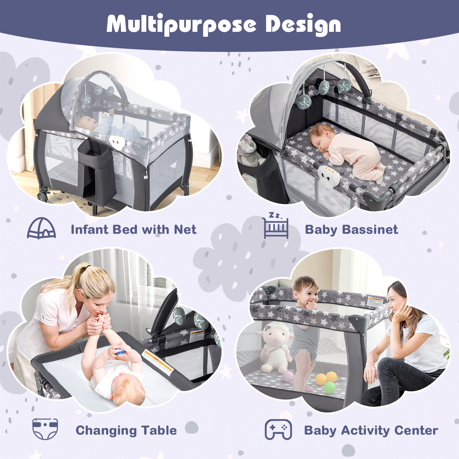 SUGIFT 4-in-1 Portable Baby Nursery Center Travel Crib and Playard 33-lb Capacity Ages 0-3 Years Gray