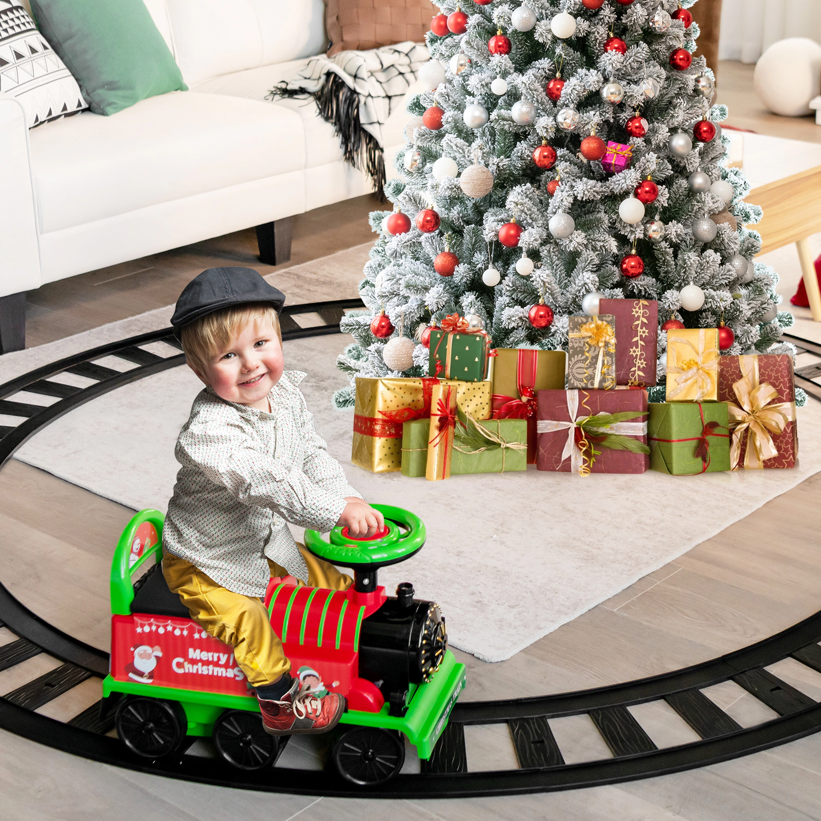 Costway 6V Electric Kids Ride On Train Motorized Train Toy w/ Track & 6 Wheels Blue
