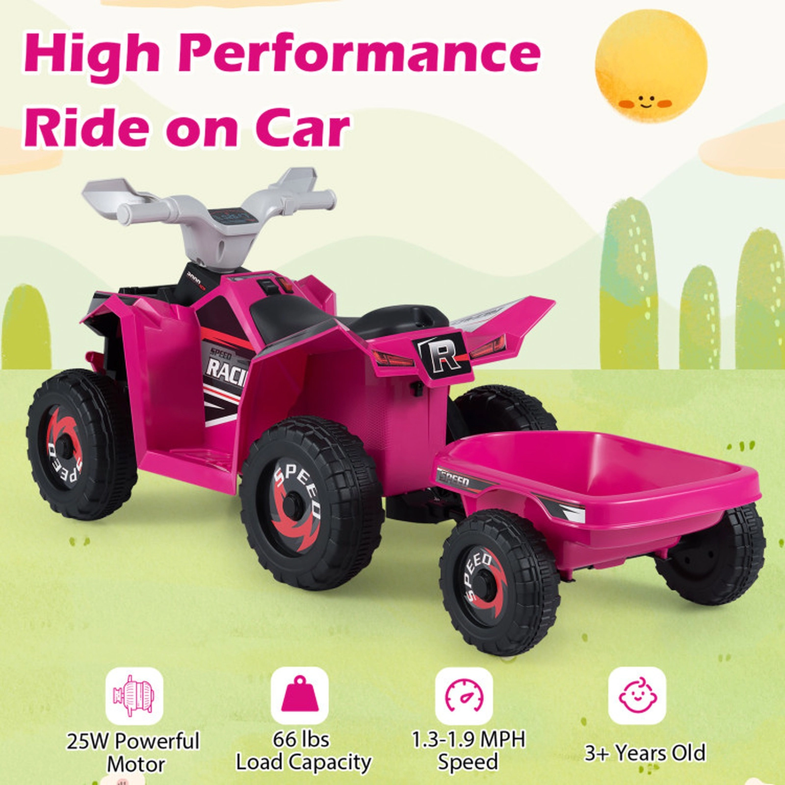 SUGIFT 6V Kids Electric ATV Quad Car with Detachable Trailer 66-lb Capacity Ages 3+ Ride-On 41-in Long Rose Red
