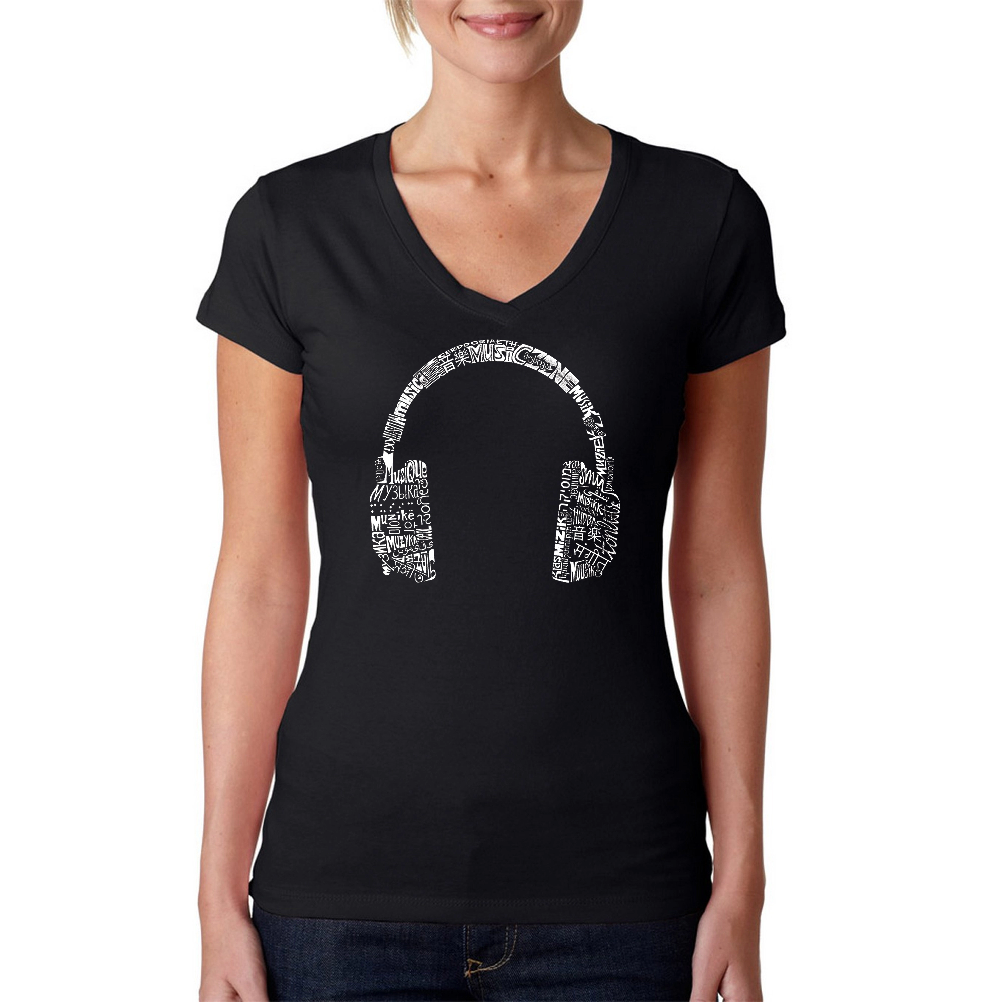 LA Pop Art Womens Word V-Neck T-Shirt - HEADPHONES LANGUAGES