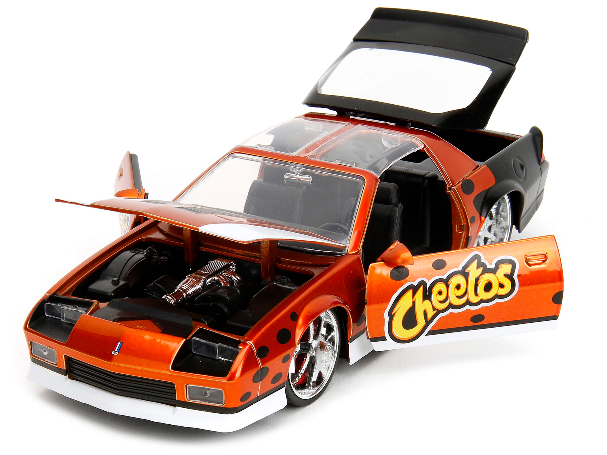 Jada 1985 Chevrolet Camaro Z/28 Orange Metallic with Graphics and Chester Cheetah Diecast Figure "Cheetos"