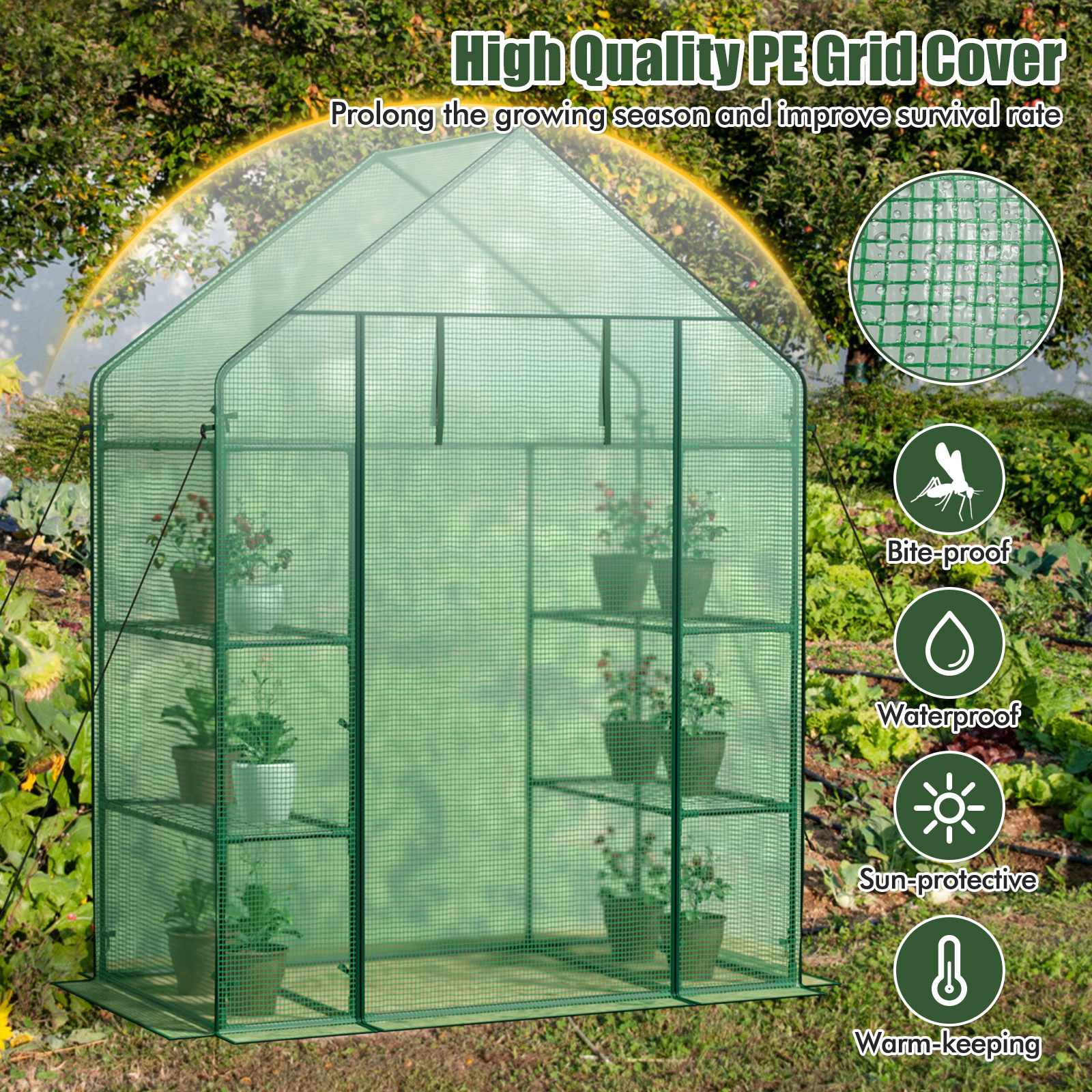SUGIFT Green 56-in x 29-in Portable Walk-in Greenhouse with 8 Shelves 4 Tiers and PE Mesh Cover