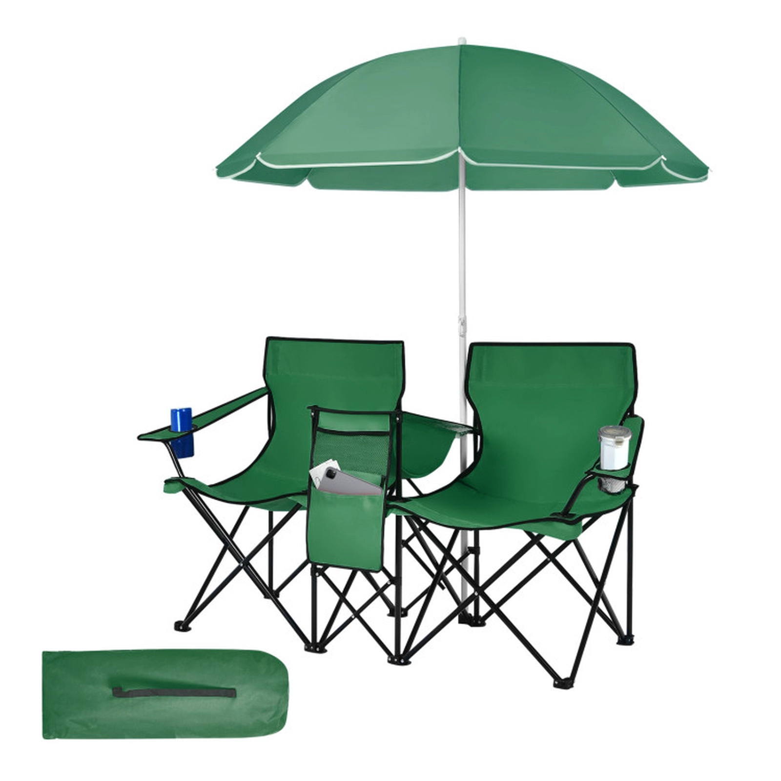SUGIFT 2-Seat Folding Loveseat with Removable Umbrella and Cooler Bag, 600 lb Capacity