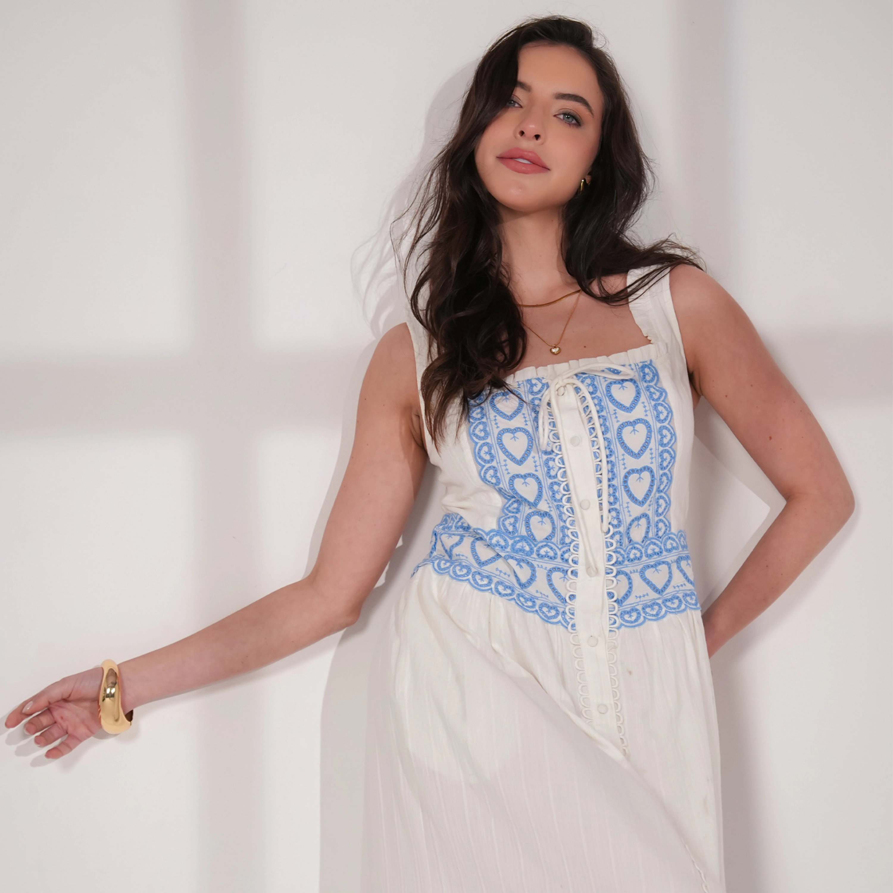 Rose & Nancy Women's Harri White and Blue Cotton Heart Embroidery Maxi Dress