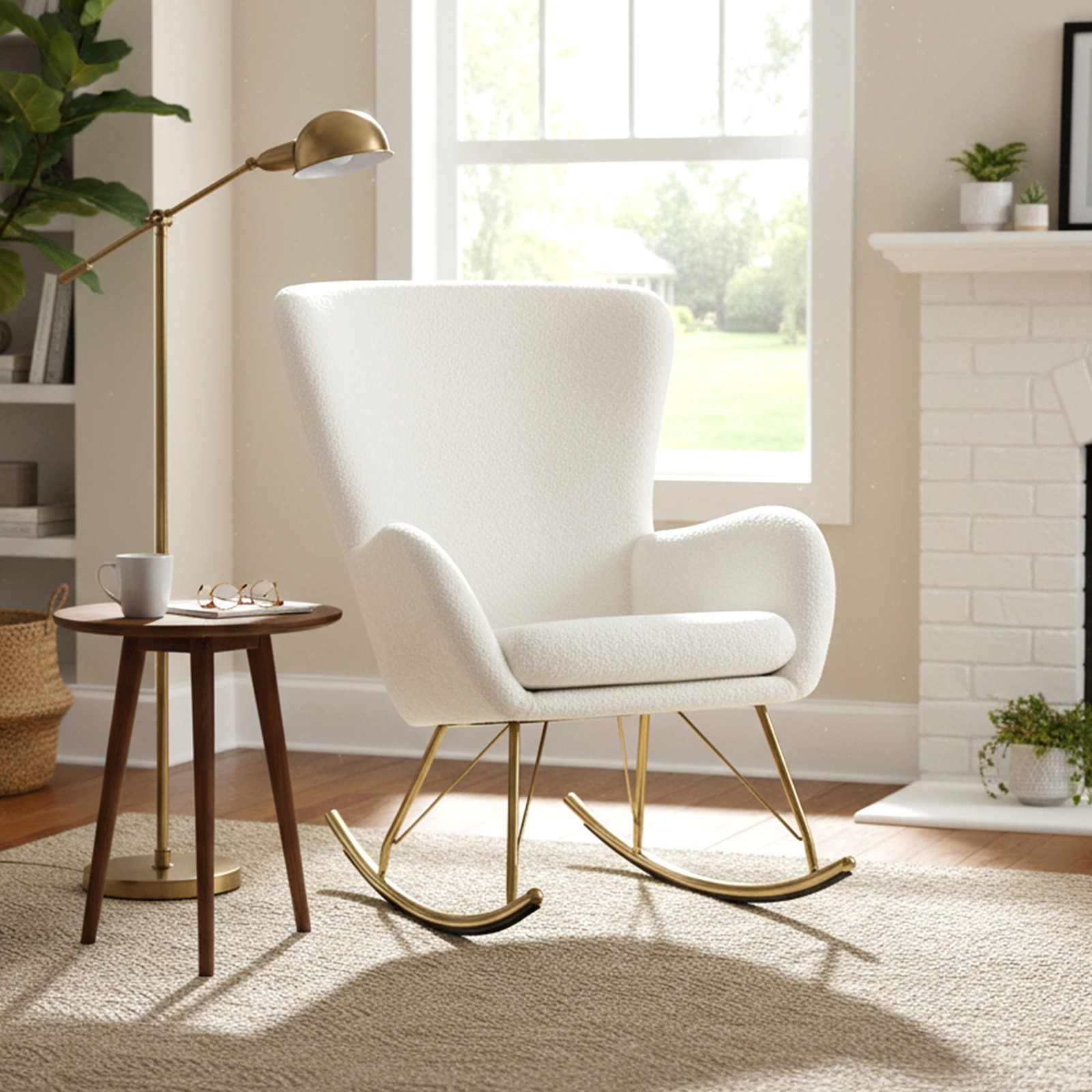SUGIFT Teddy Fleece Nursery Rocking Chair with Curved Backrest & Armrests 330-lb Capacity 39.5-in Frame White & Golden