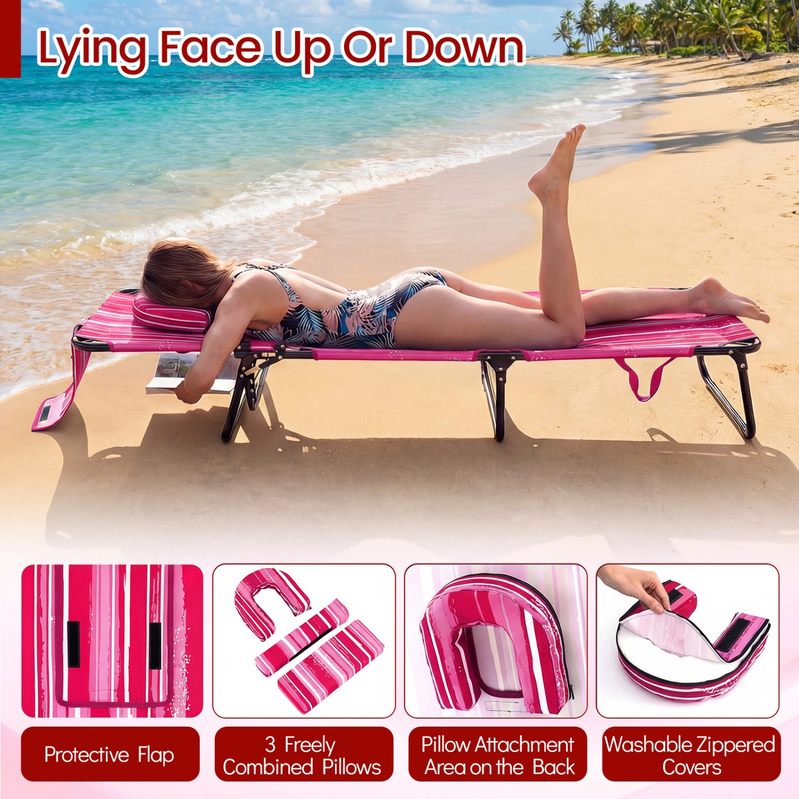 SUGIFT Folding Face Down Tanning Chair Face Hole & 3 Removable Pillows 330-lb Capacity Adjustable Backrest Pink Stripe