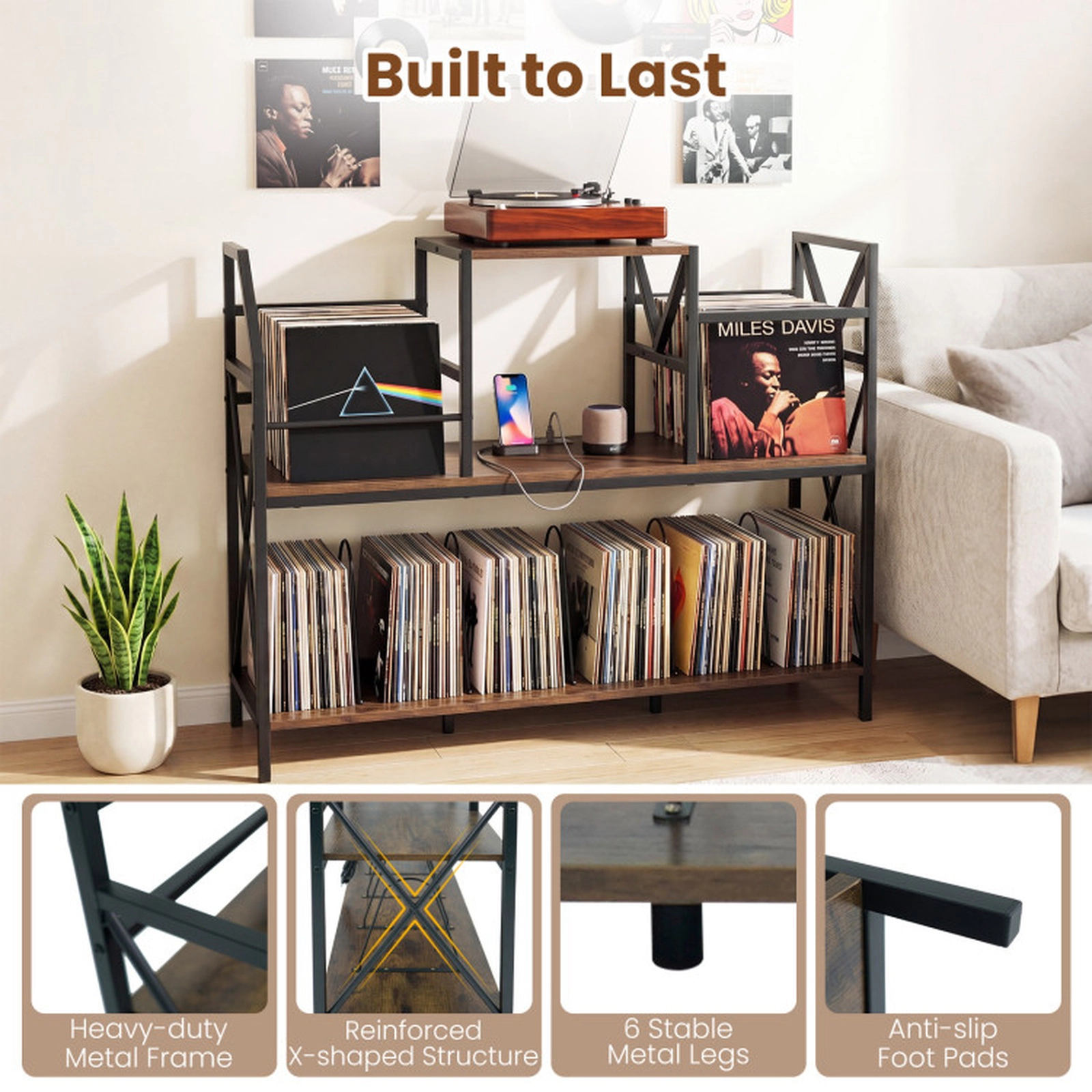 SUGIFT Record Player Stand with Power Outlets and Vinyl Storage 350-lb Capacity Rustic Brown & Black