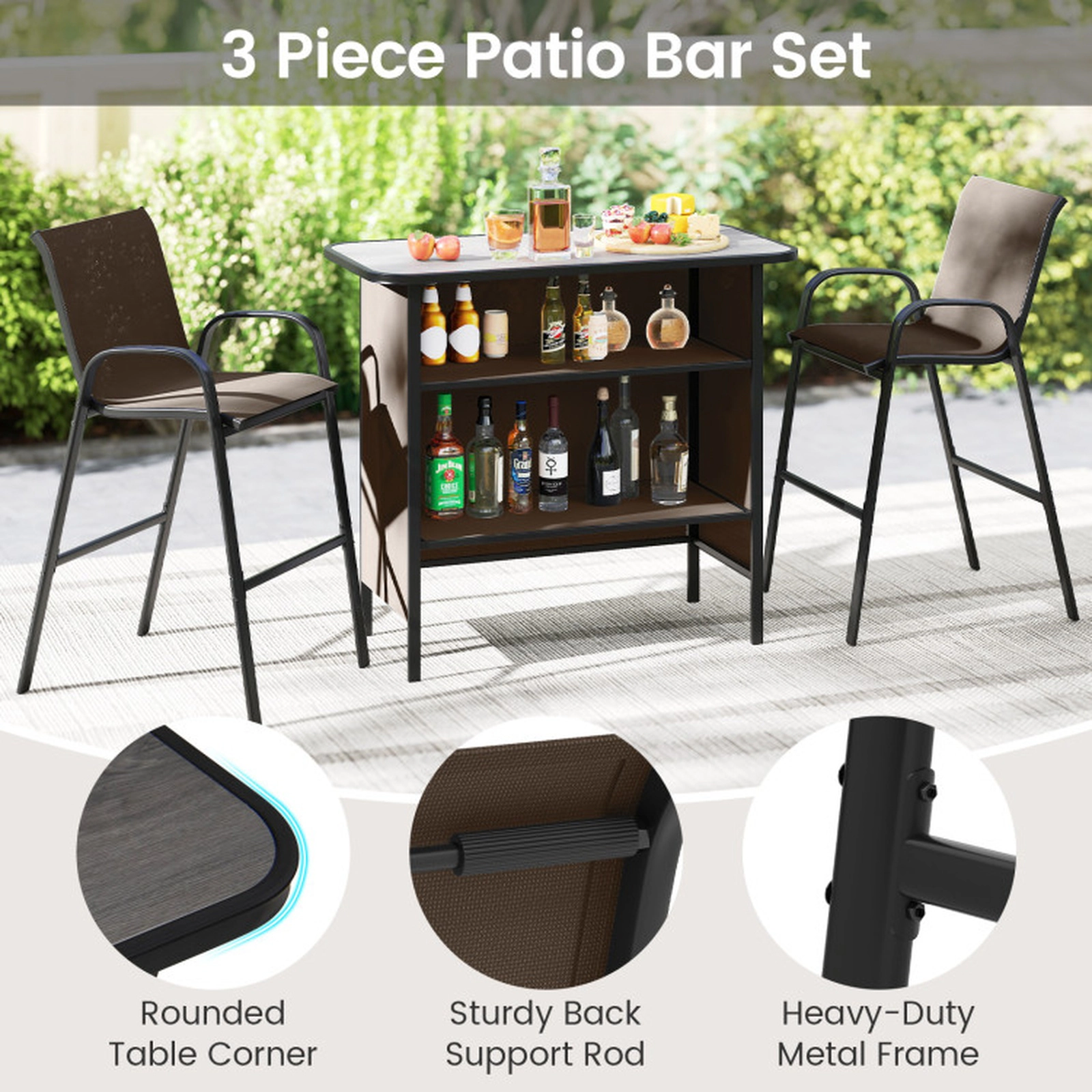 SUGIFT Outdoor Bar Set with Footrest & 2-Tier Shelf Bar Table & Chairs 330-lb Barstools & 110-lb Table Coffee/Black