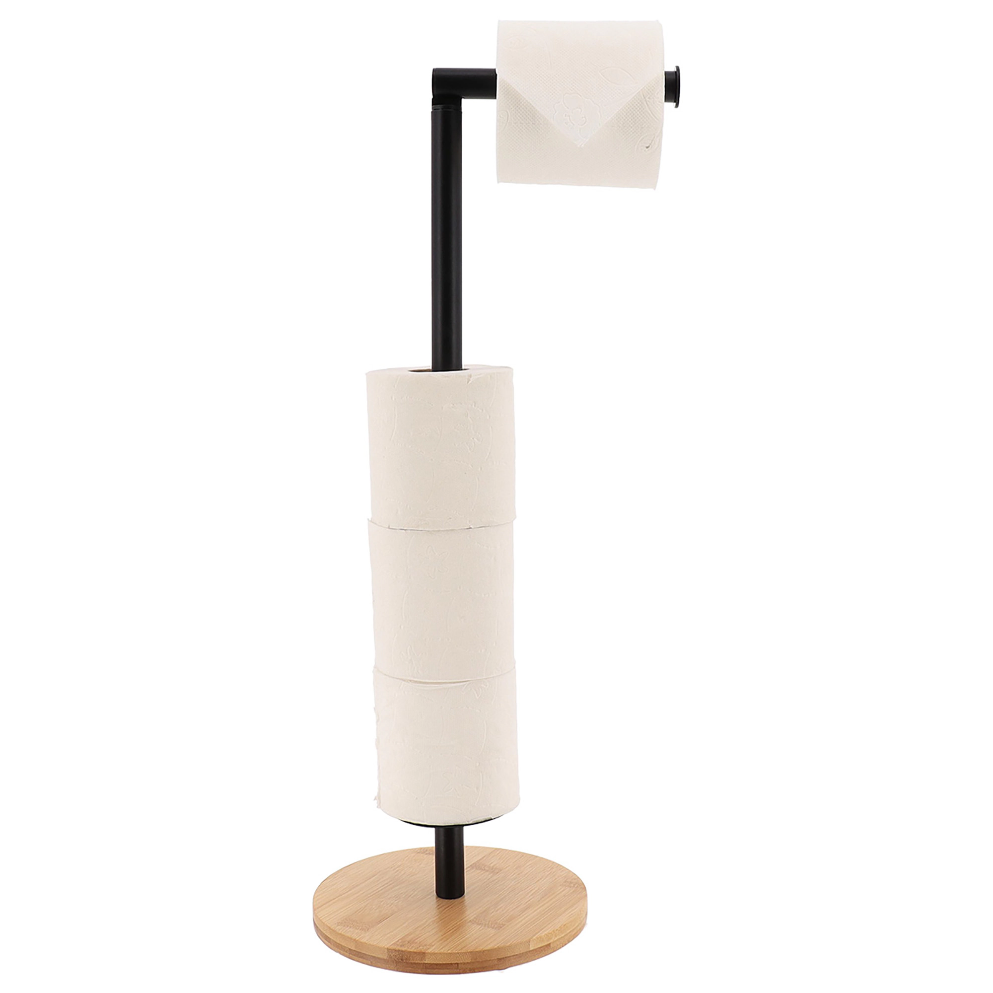 Evideco French Home Goods freestanding toilet paper stand with bamboo base, matte black swivel arm, 21.5 in