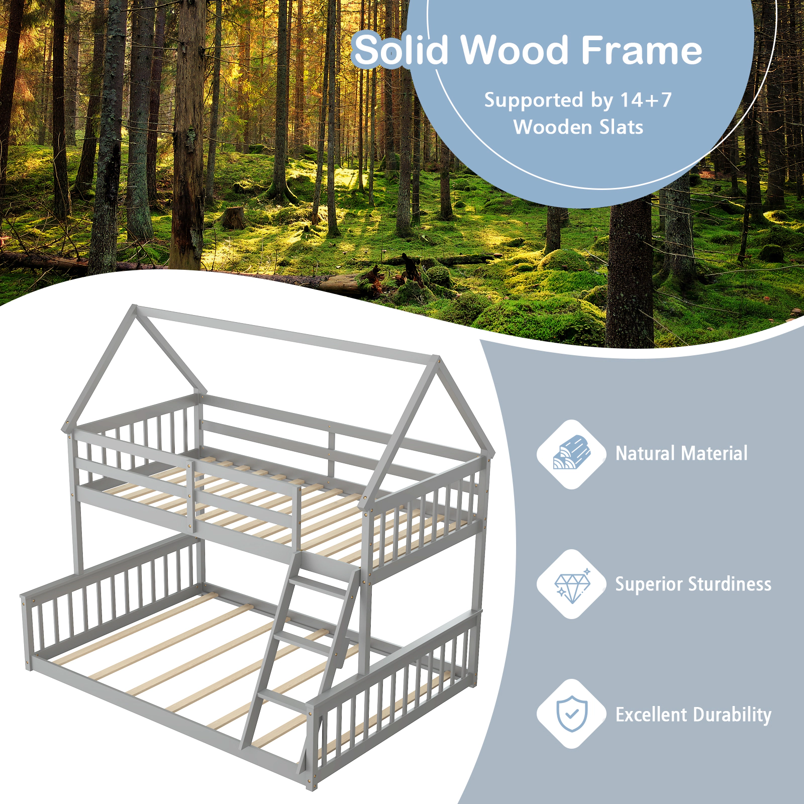 SUGIFT Gray Ladder Roof Frame and Guardrails Twin Over Full Kids House Bunk Bed