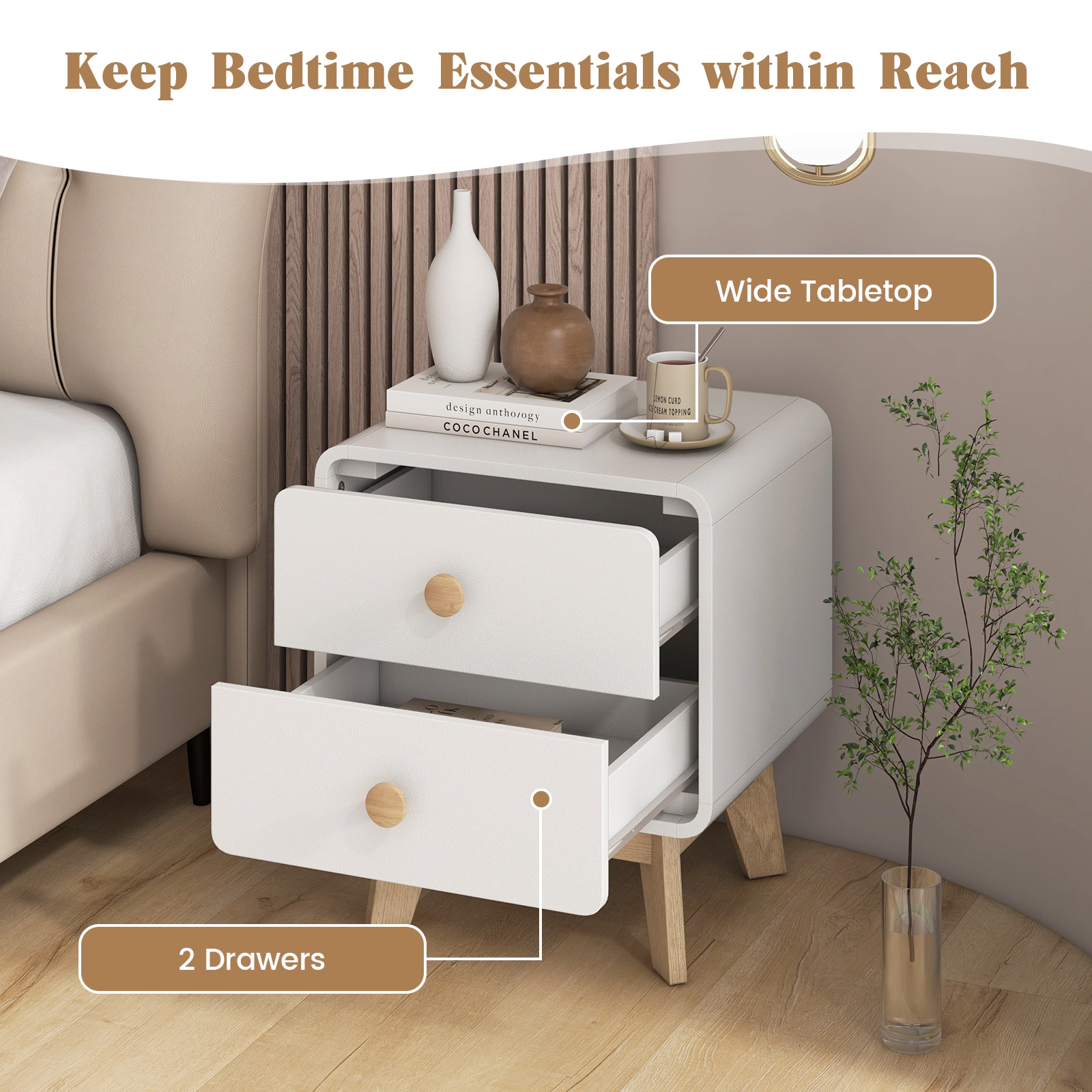 SUGIFT 2-Drawer Nightstand with Solid Rubber Wood Legs 110-lb Tabletop Capacity Brown/White