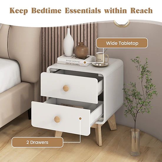 Glintex Mid-Century 2-Drawer Nightstand with Rugged Rubber Wood Legs and 110-Lb Top
