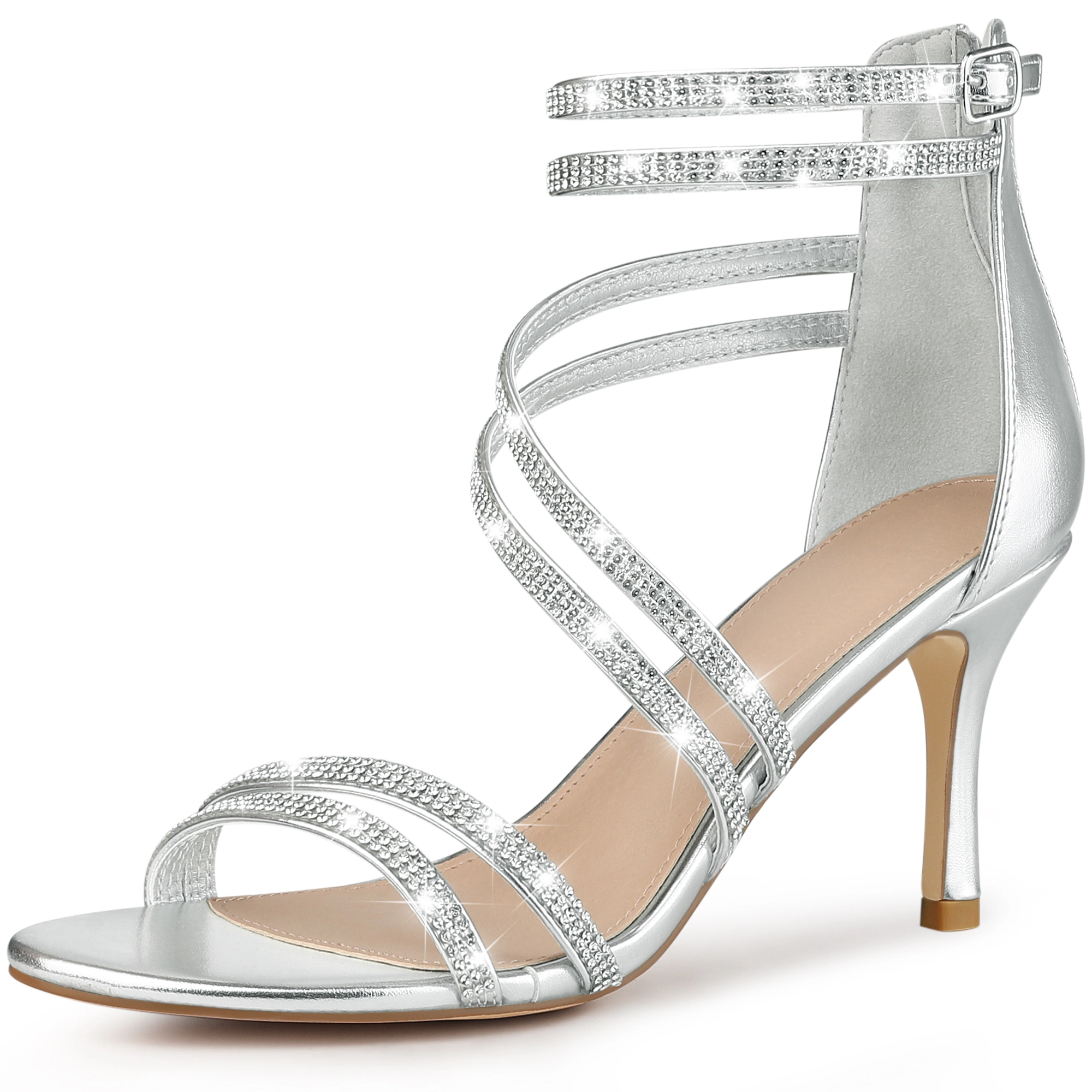 BLISSFUL STEP Women's Stiletto Heel Strappy Rhinestone Open Toe Ankle Strap Sandals