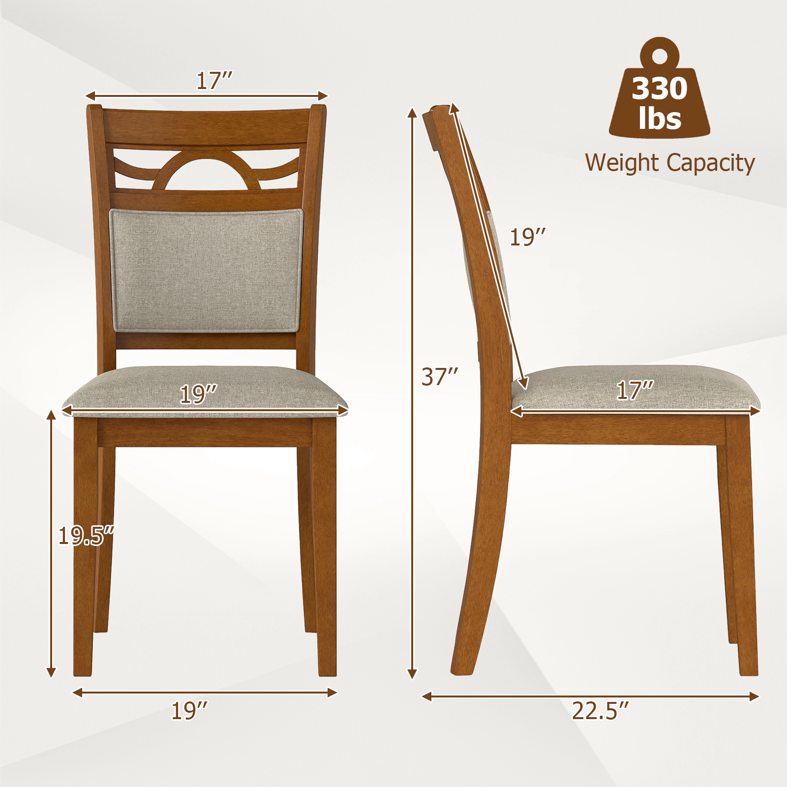 SUGIFT Brown Padded Backrest Polyester Upholstered Rubber Wood Frame Set of 2 Dining Chairs