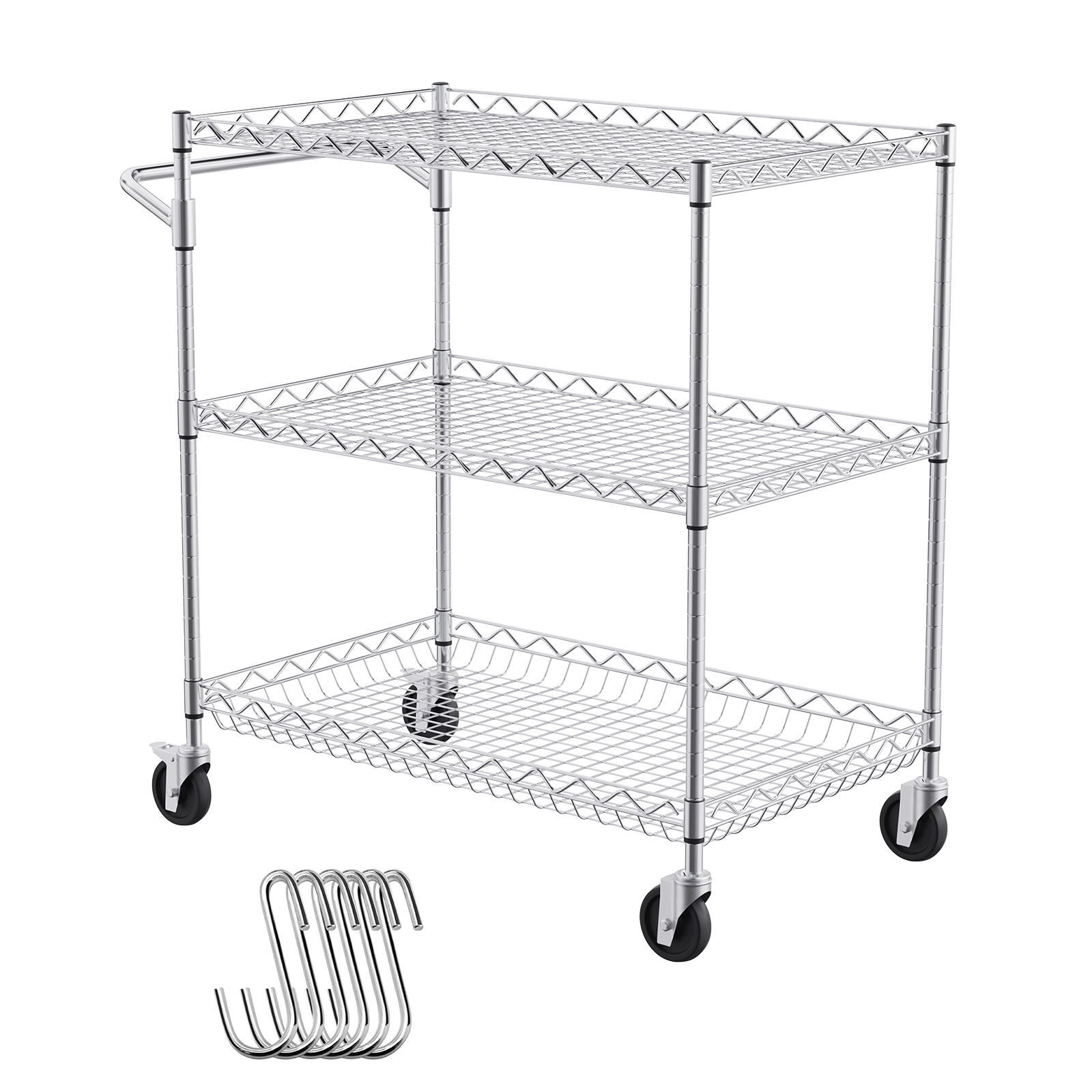 HONGGE 3-Tier Chrome Steel Kitchen Utility Cart, 661 lbs Heavy Duty Capacity, Adjustable Wire Storage Trolley