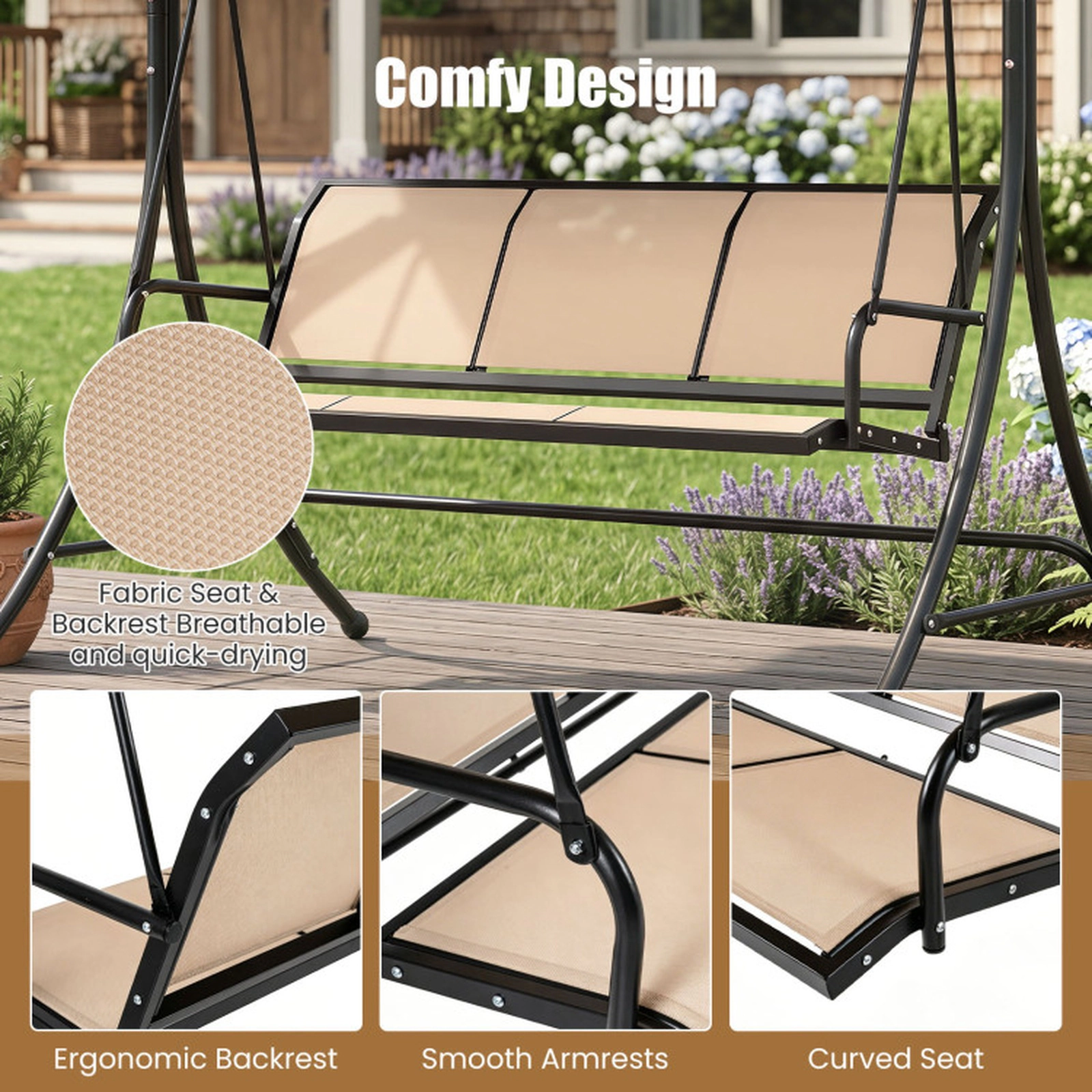 SUGIFT 3-Seat Patio Swing Chair with Adjustable Canopy 800-lb Capacity 75-in Frame 57 x 18 x 21 in Seat Beige and Black