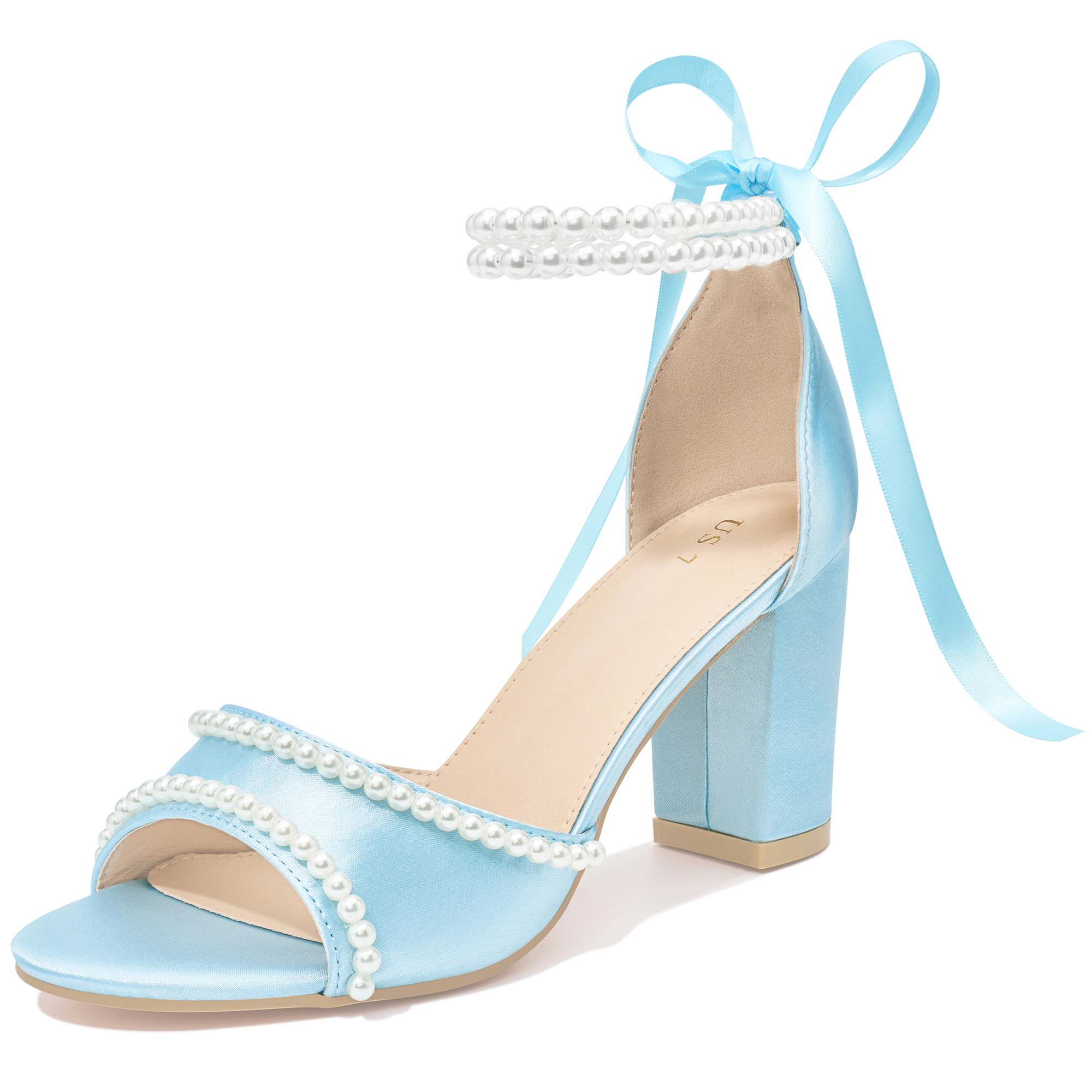 BLISSFUL STEP Women's Pearl Open Toe Block Heel Lace Up Satin Bridal Sandals