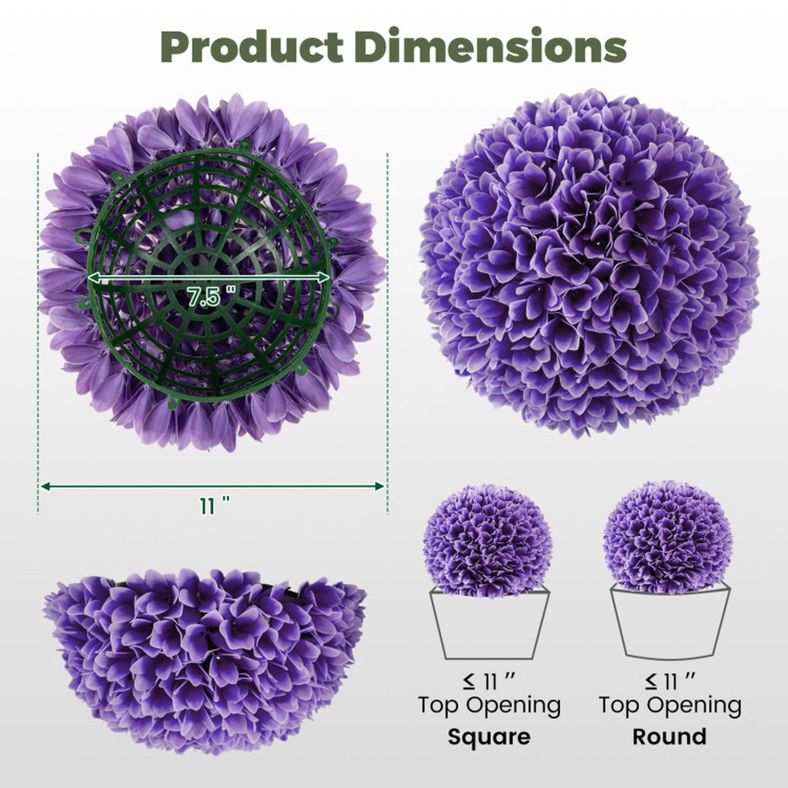 SUGIFT 2-Piece Myrtle Leaf Interlocking Shell Artificial Boxwood Topiary Balls 11-in Outer 7.5-in Inner 2-lb Purple