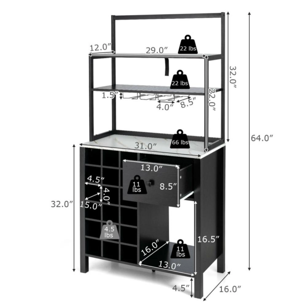 Hivvago Kitchen Bakers Rack Freestanding Wine Table With Glass Holder And Drawer