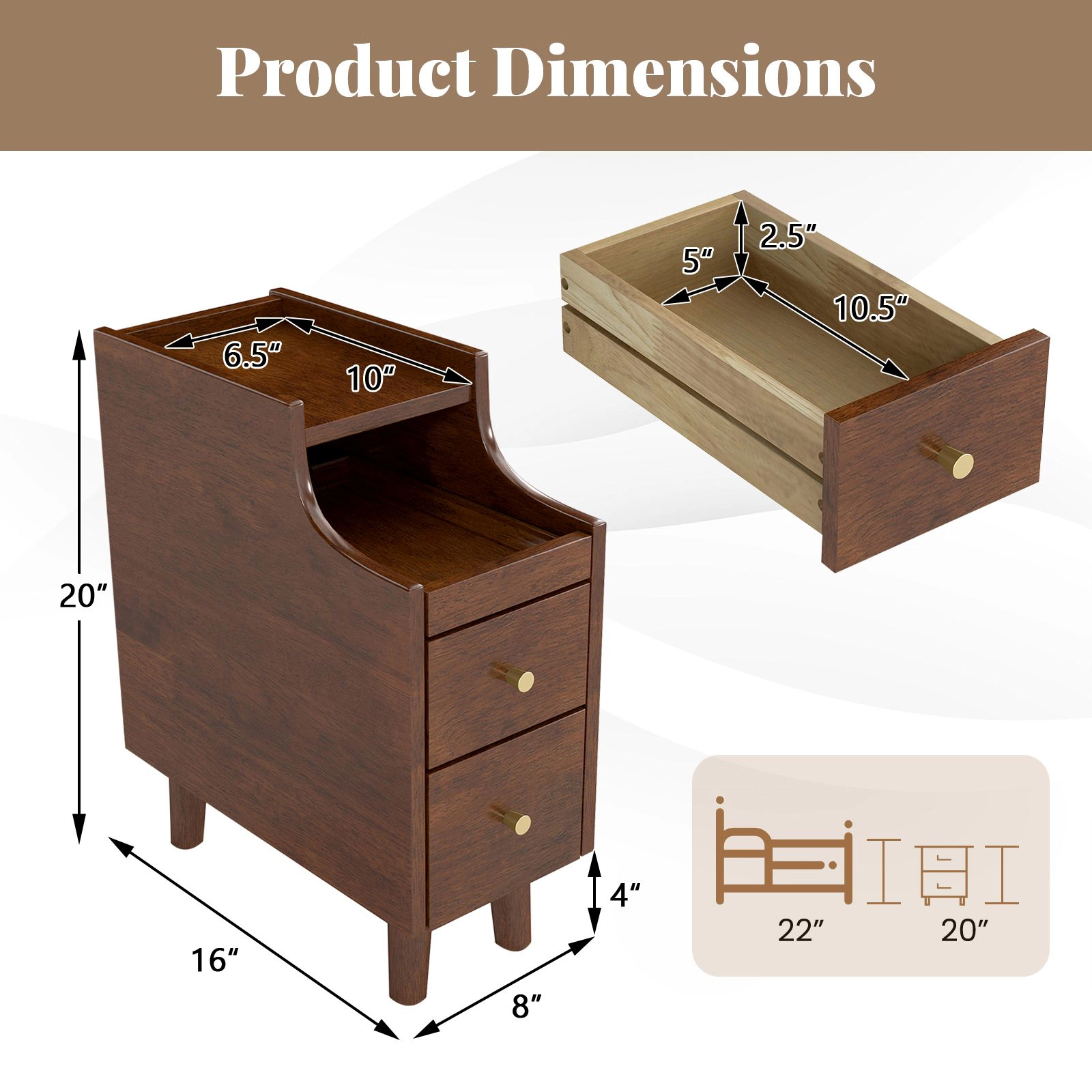SlickBlue Narrow Nightstand with 2 Drawers and Pull Out Tray
