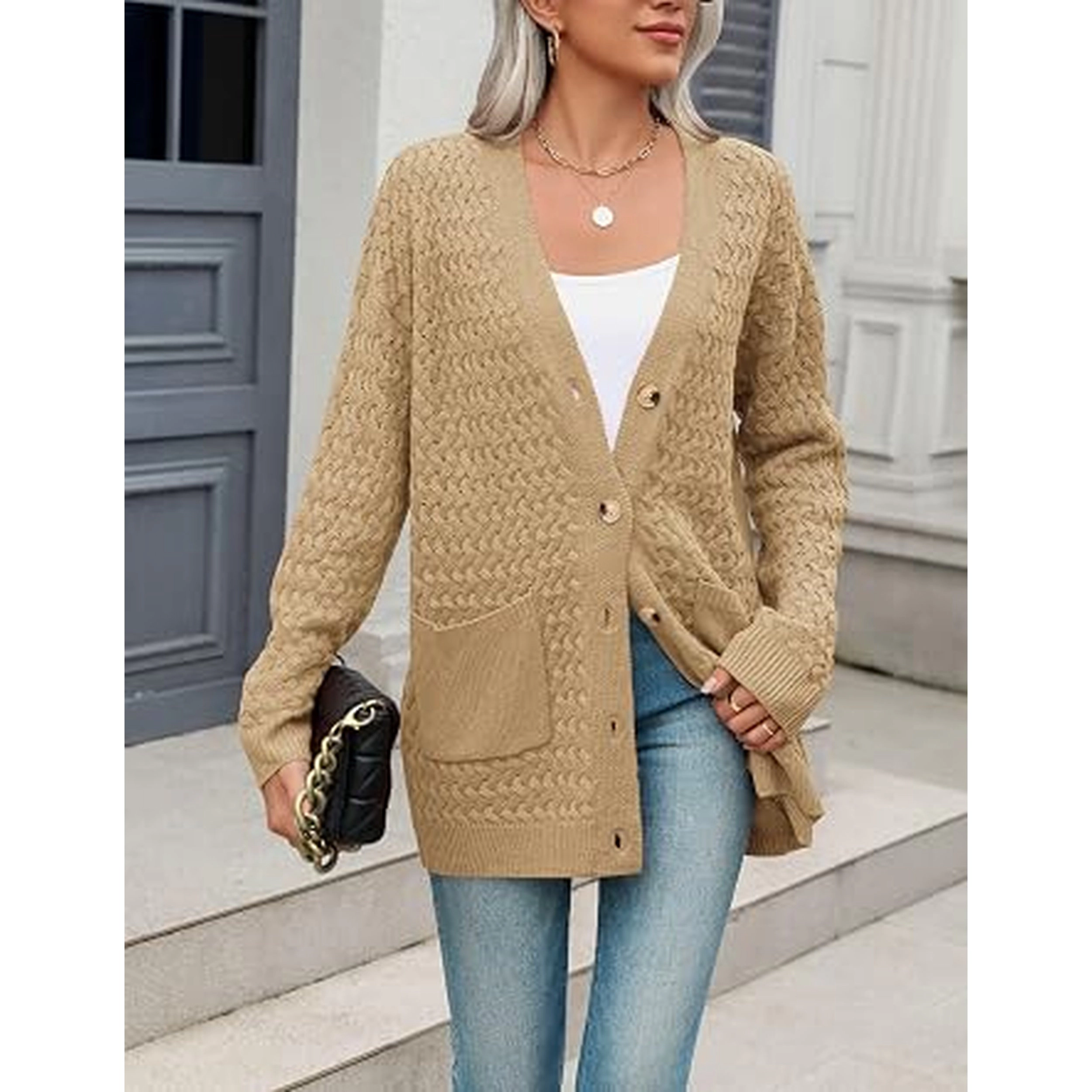 Zeagoo Women's Chunky Cable Knit Button Down Open Front Cardigan with Pockets