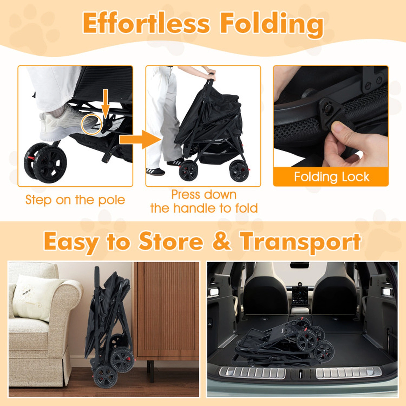 SUGIFT Black Double Pet Stroller with Adjustable Canopy 31.5-in W 28.5-in D 40-in H 26-lb Seat Capacity