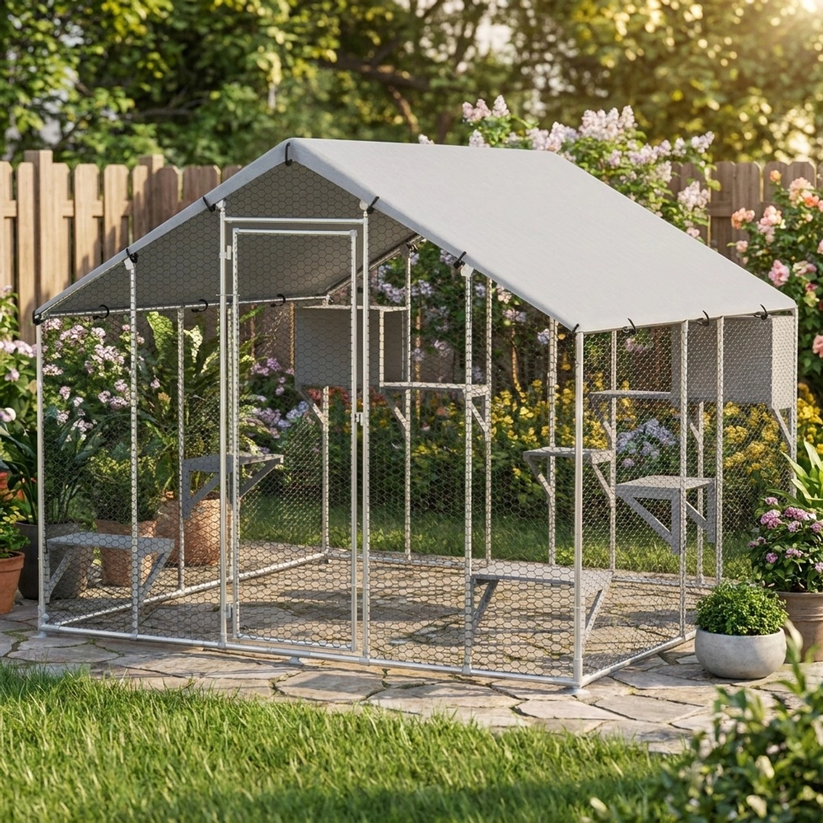 212 Main 94.5 in. PawHut Metal Outdoor Catio with Waterproof Cover - 2 Resting Boxes - 7 Jumping Platforms, Silver