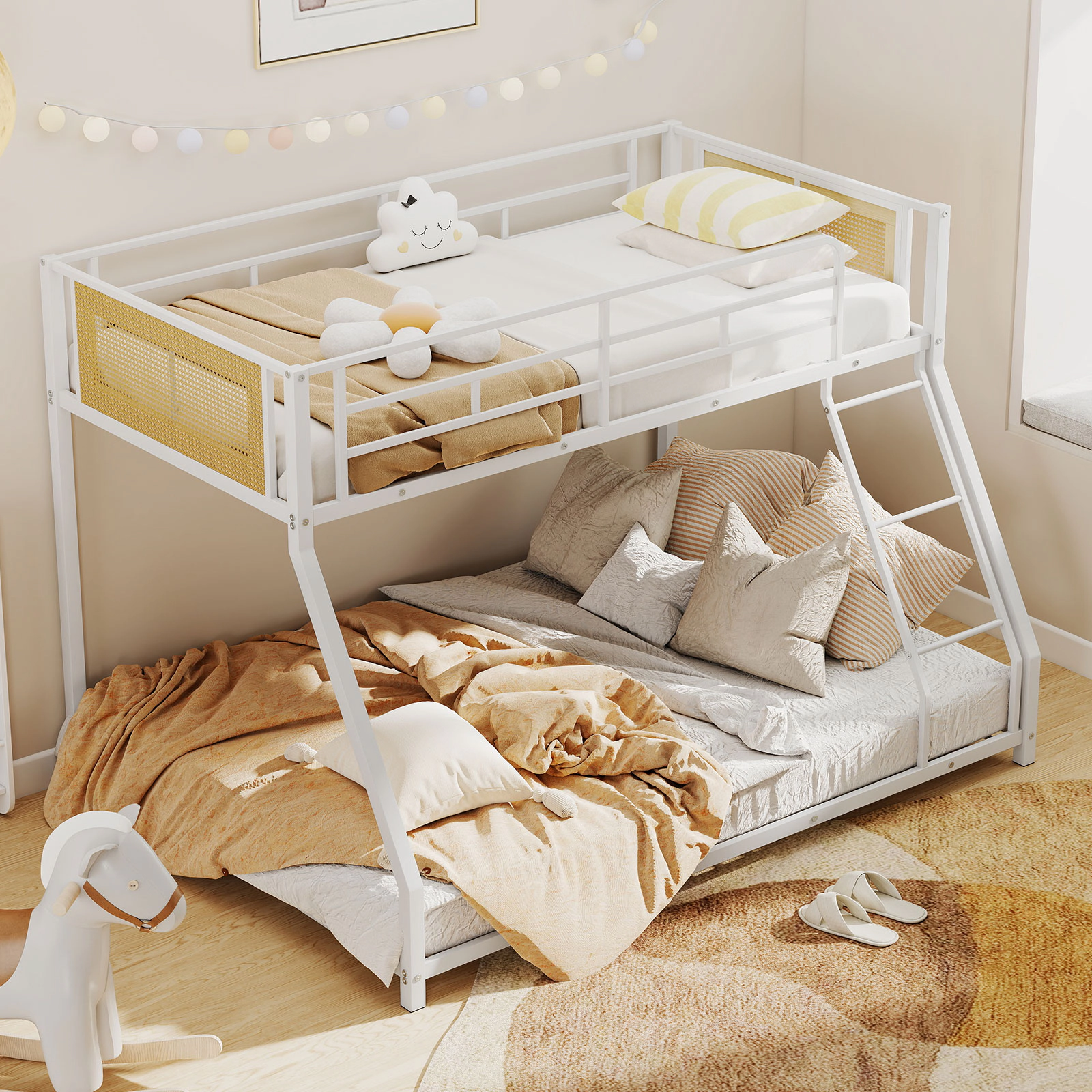 SUGIFT Metal Twin-Over-Full Bunk Bed with Guardrail and Ramp Ladder 250-lb Upper 350-lb Lower Capacity White
